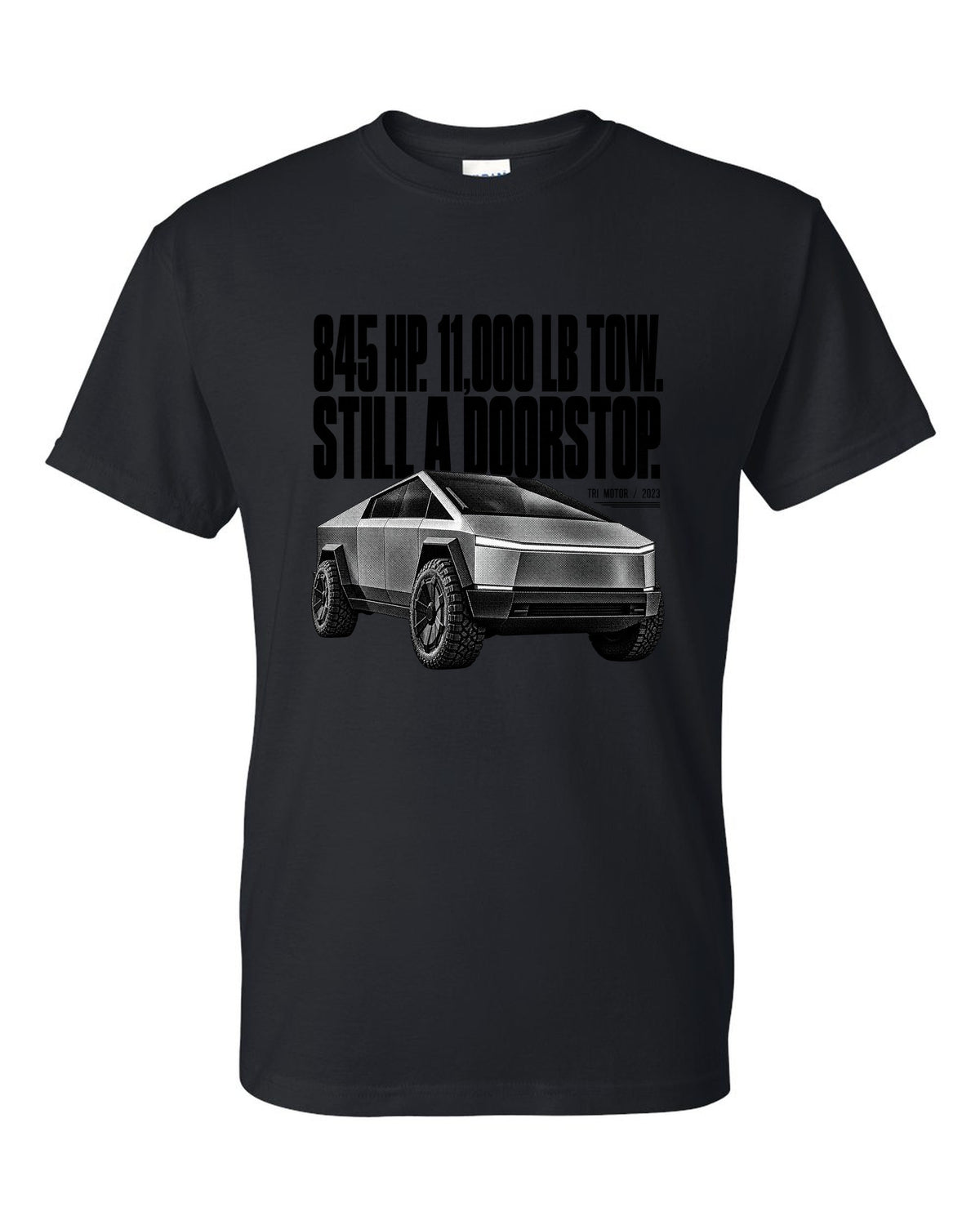 Halftone Tesla Cybertruck Cyberbeast front three-quarter with 845 HP and 11,000 lb tow text black t-shirt front view with the design