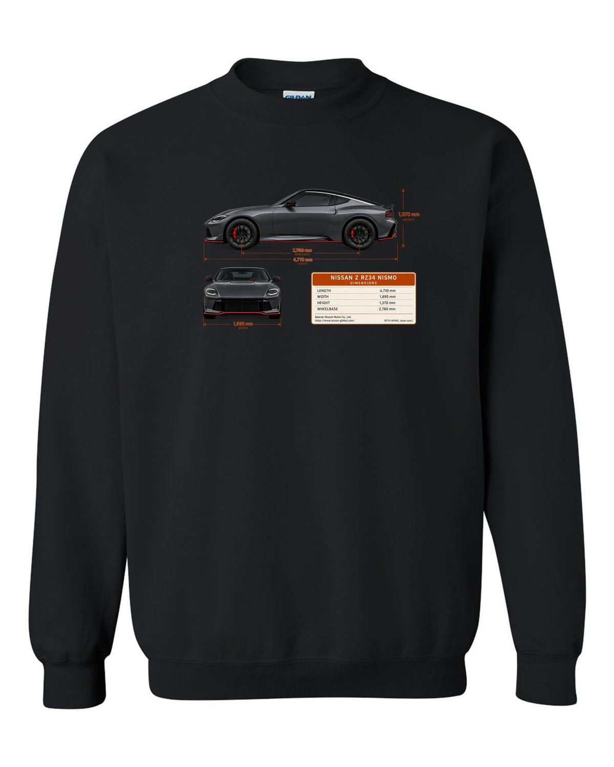 Orange 2024 Nissan Z RZ34 Sport rear view with taillight, ducktail lip and twin round tips black crewneck front view with the design
