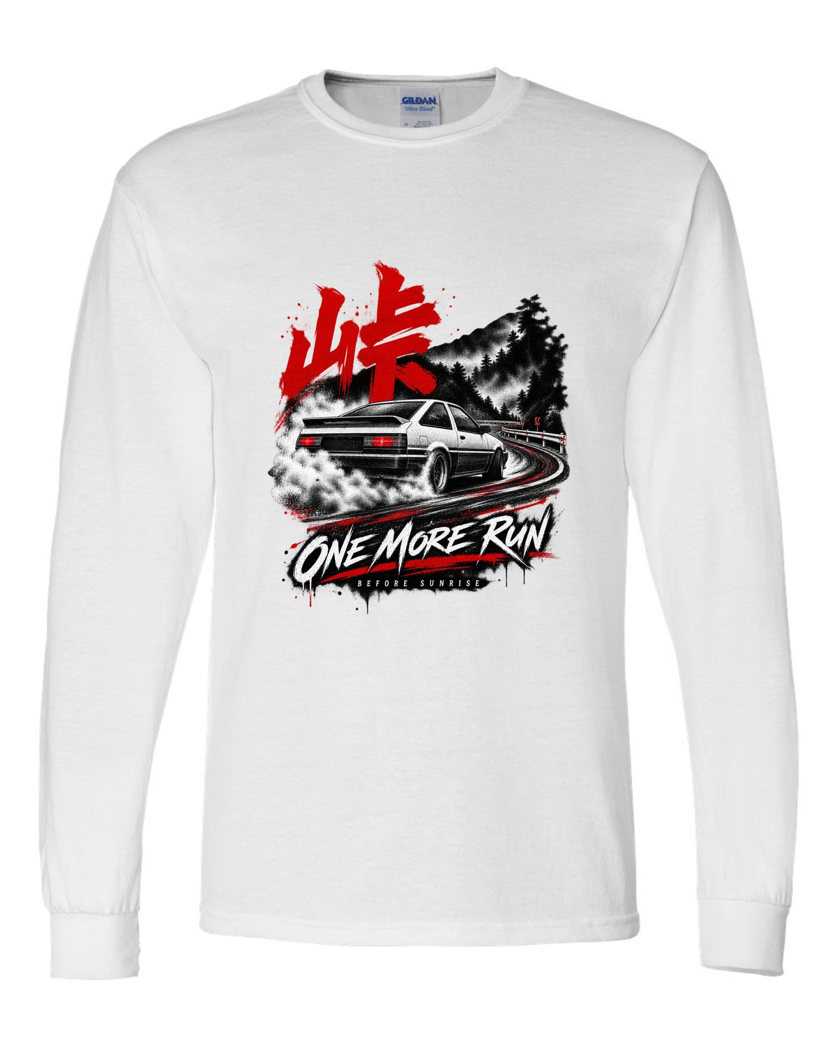print of a Toyota AE86 Corolla Levin on a night touge road with kanji white long sleeve front view with the design