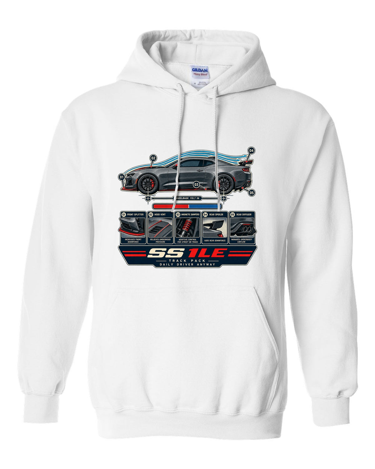 Airflow cutaway print of a 6th generation Chevrolet Camaro SS 1LE white pull over hoodie front view with the design