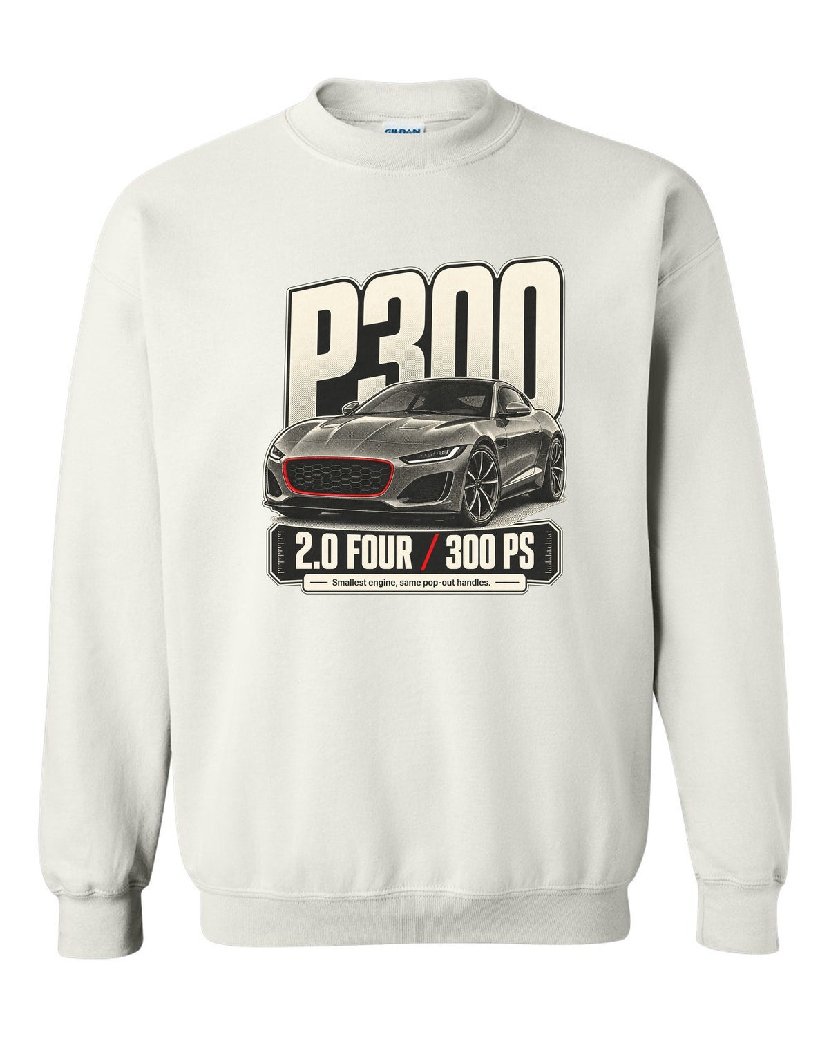 Halftone statement print for the Jaguar F-Type P300 2.0 four-cylinder with 300 PS text white crewneck front view with the design