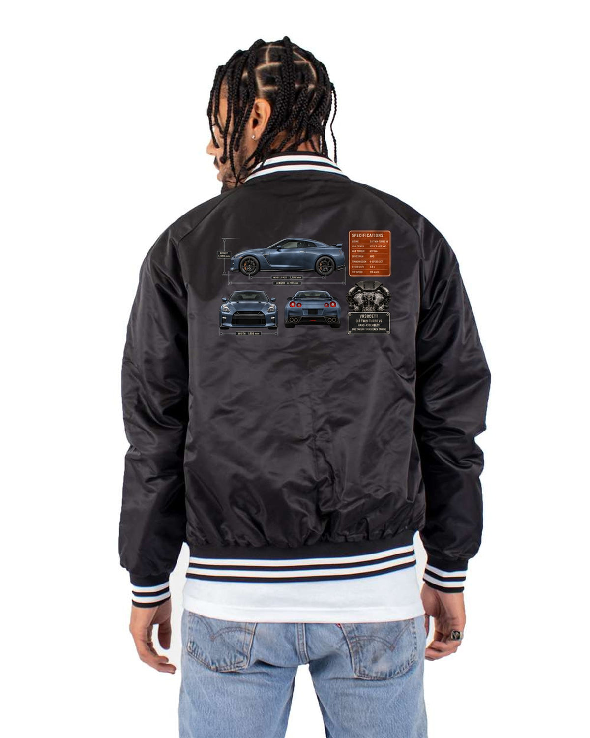 Nissan GT-R R35 Dimension Blueprint Tee, VR38DETT Car Shirt Bomber Jacket Black back