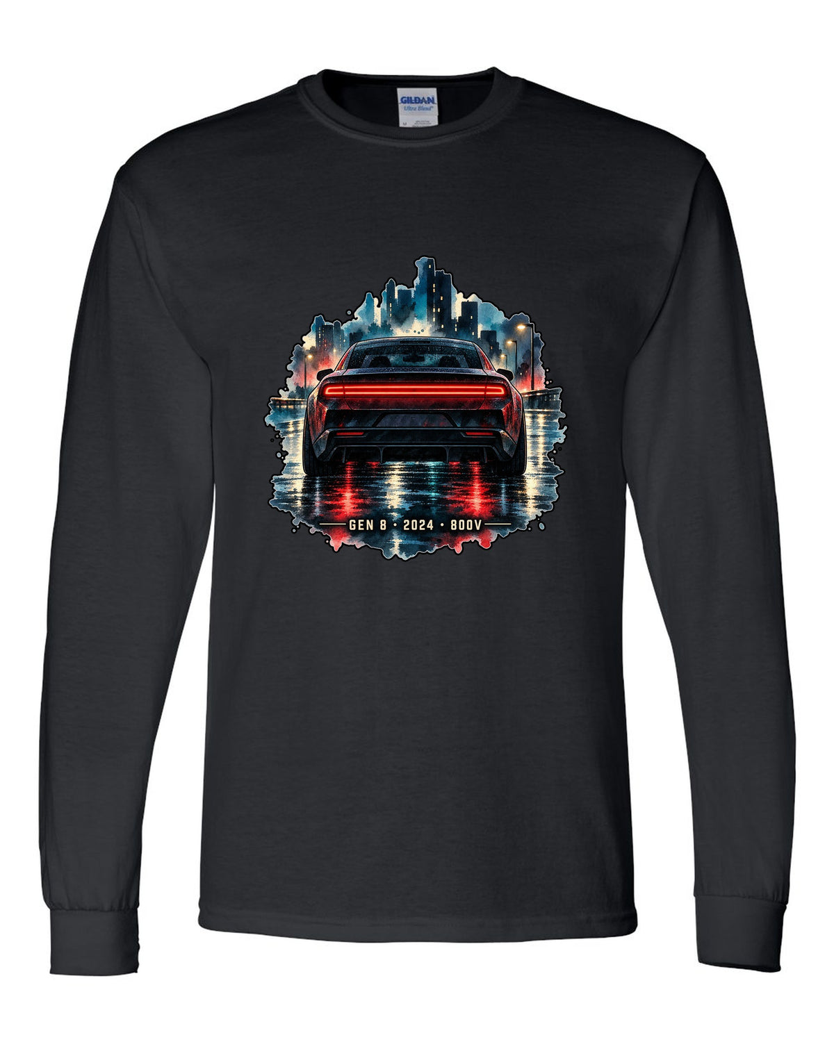 Watercolour night scene of a 2024 Dodge Charger Daytona EV on a wet road with Gen 8 lettering black long sleeve front view with the design