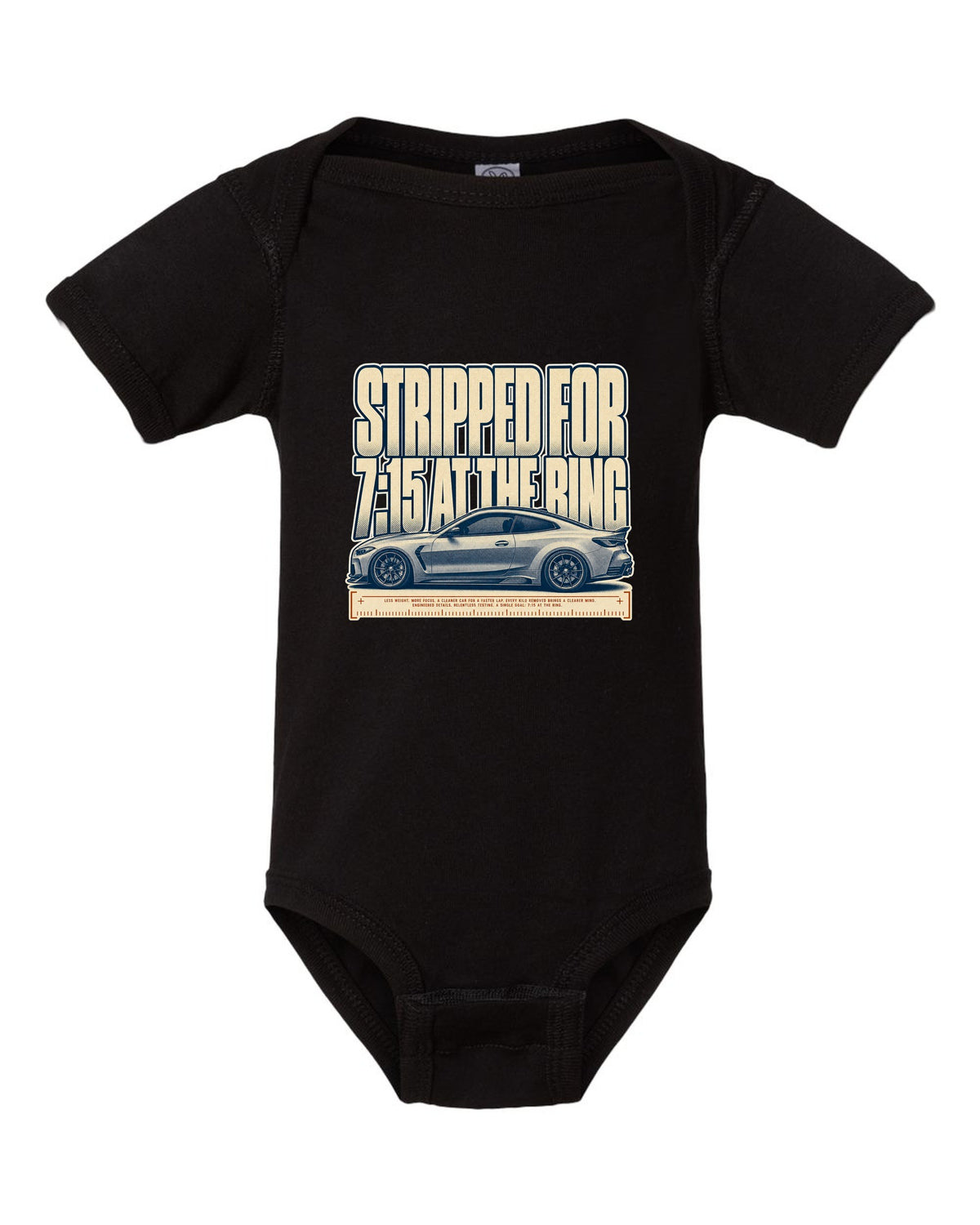 BMW M4 CSL G82 halftone print with 7:15 at the Ring text black baby onesie front view with the design