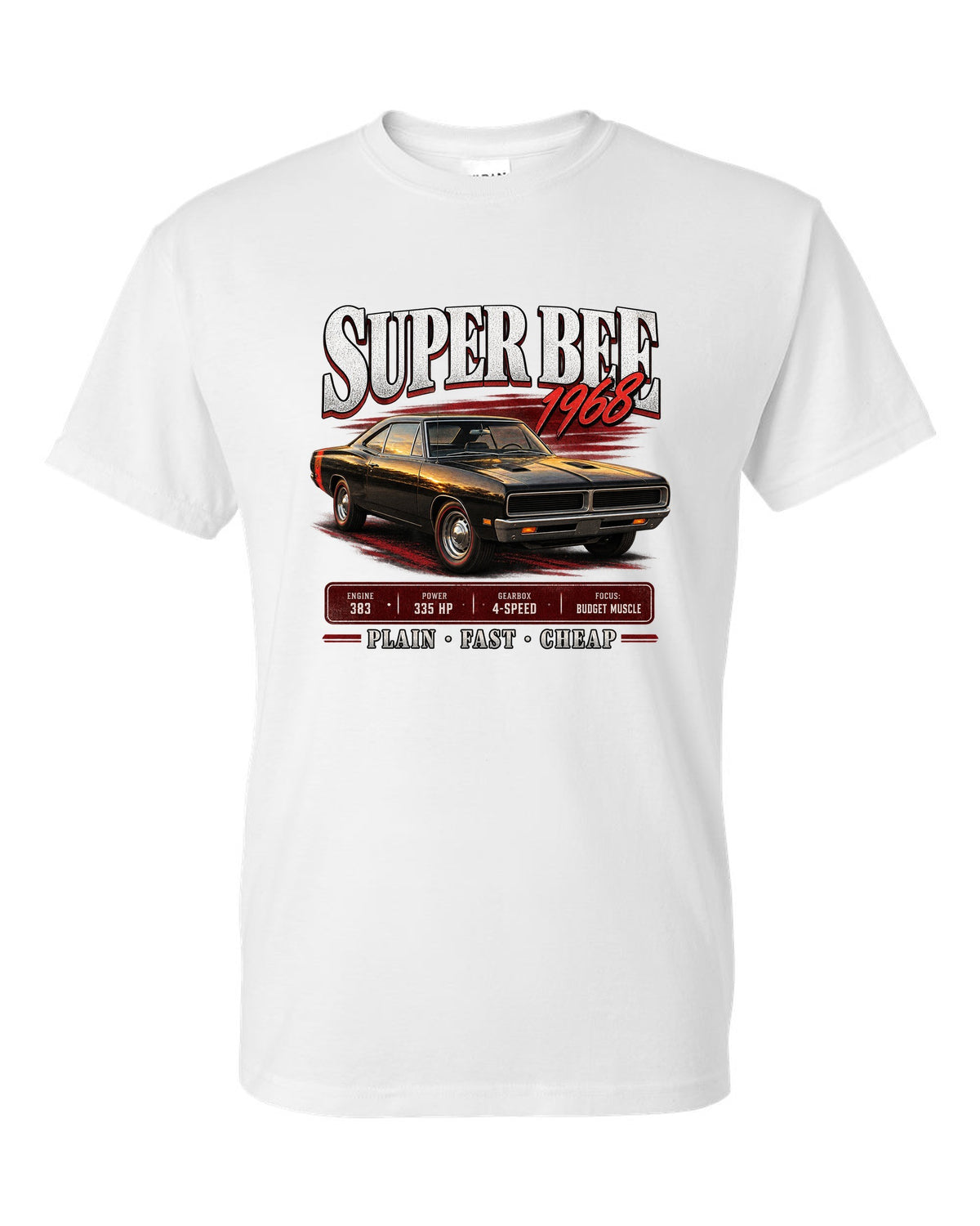 1968 Dodge Coronet Super Bee B-body coupe archive panel print white t-shirt front view with the design
