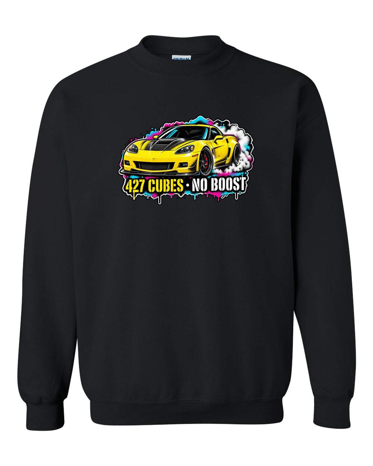 Stencil spray street art print of a 2006 Chevrolet Corvette C6 Z06 with 427 cubes no boost lettering black crewneck front view with the design