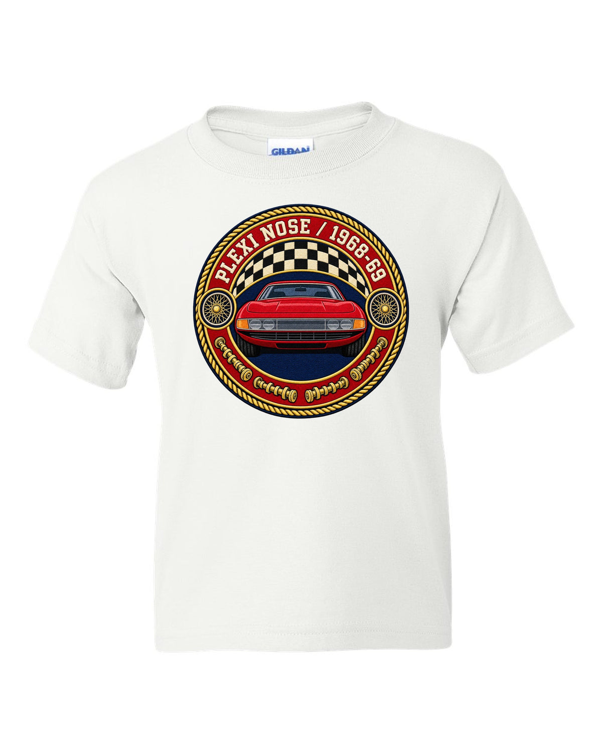 Round crest print for the Ferrari 365 GTB/4 Daytona with Plexi Nose and 1968-69 lettering white kids tee front view with the design