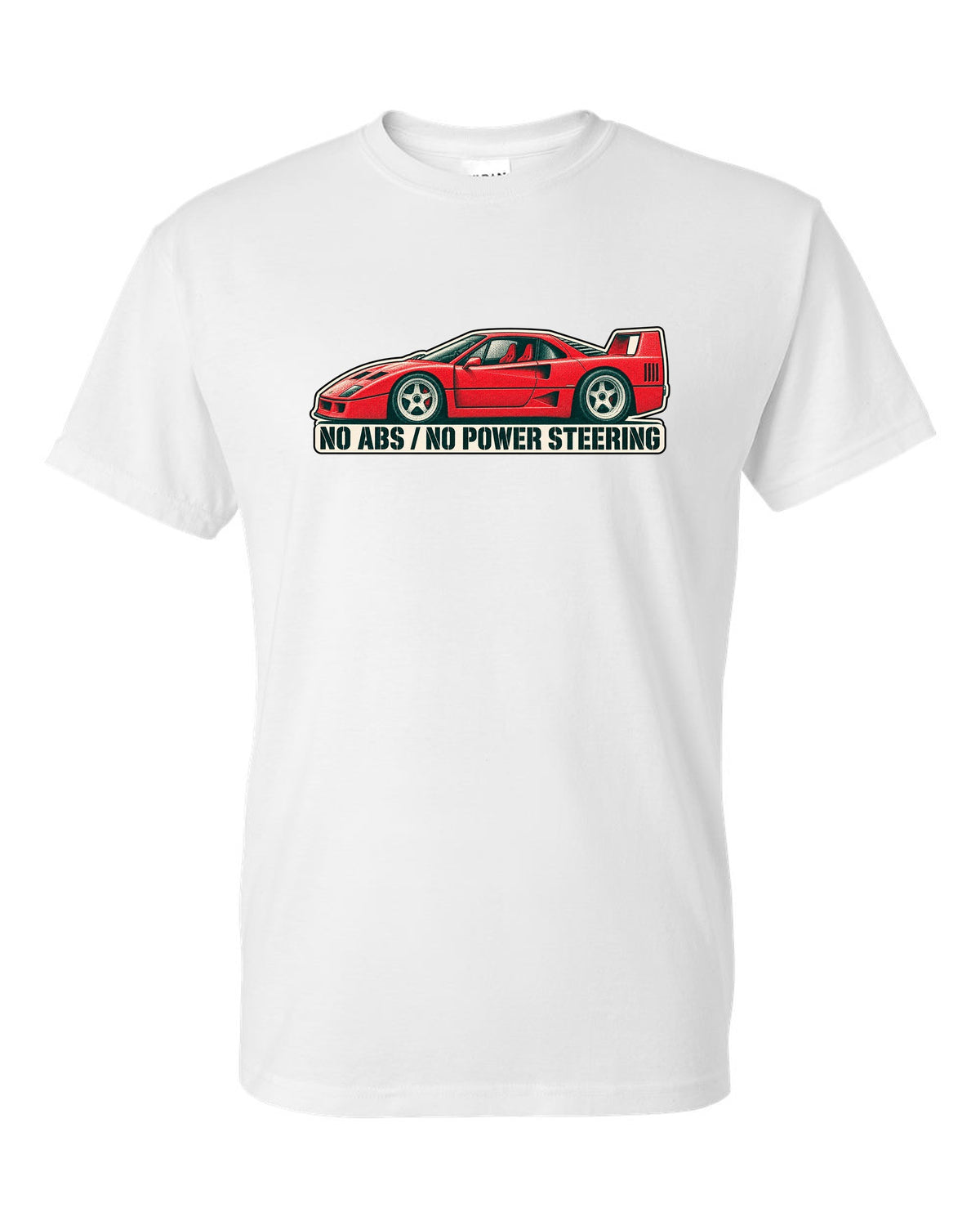 Two-colour halftone risograph print of a 1987 Ferrari F40 F120 with no ABS and no power steering text white t-shirt front view with the design