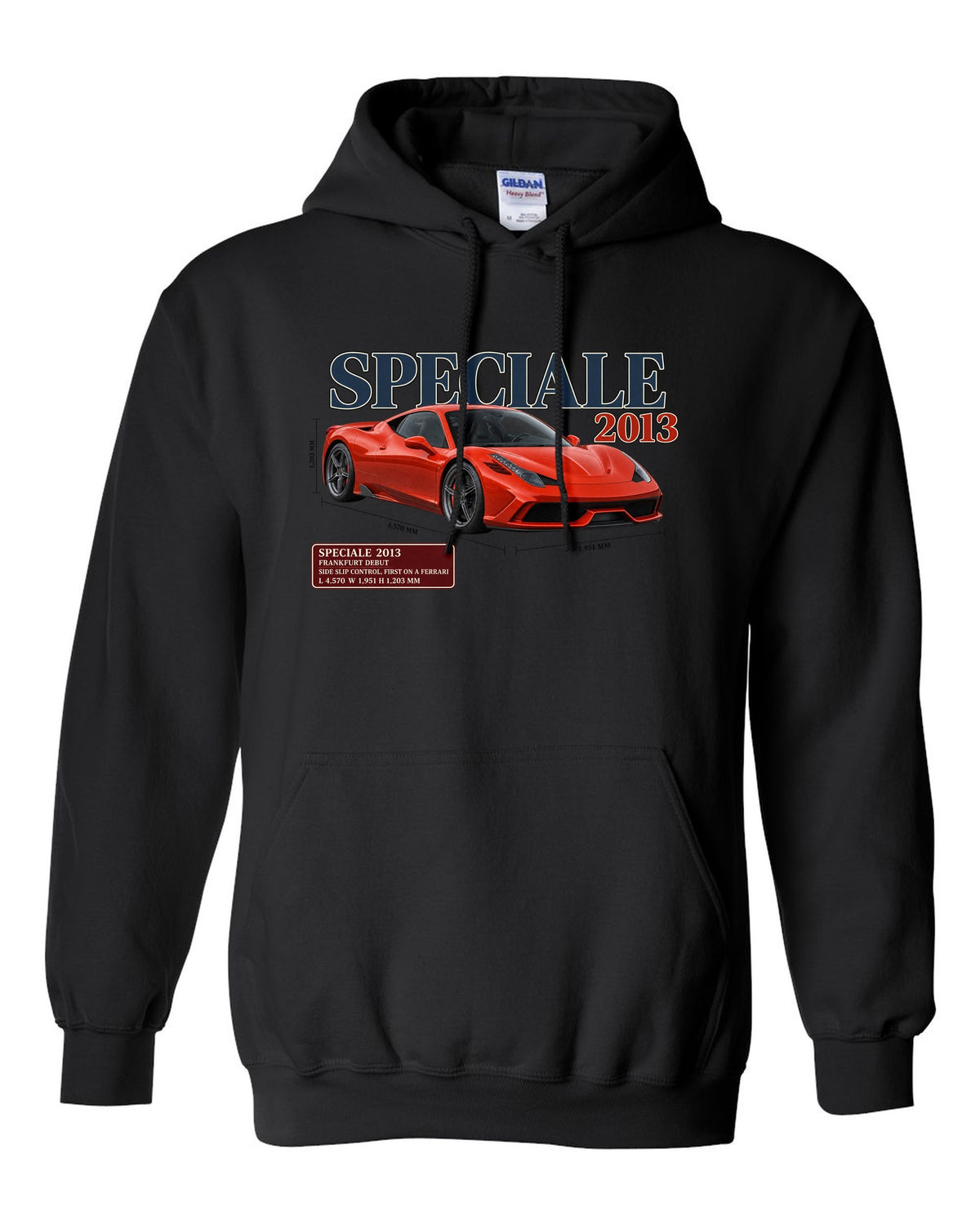Archive panel print of the Ferrari 458 Speciale in red-orange black pull over hoodie front view with the design