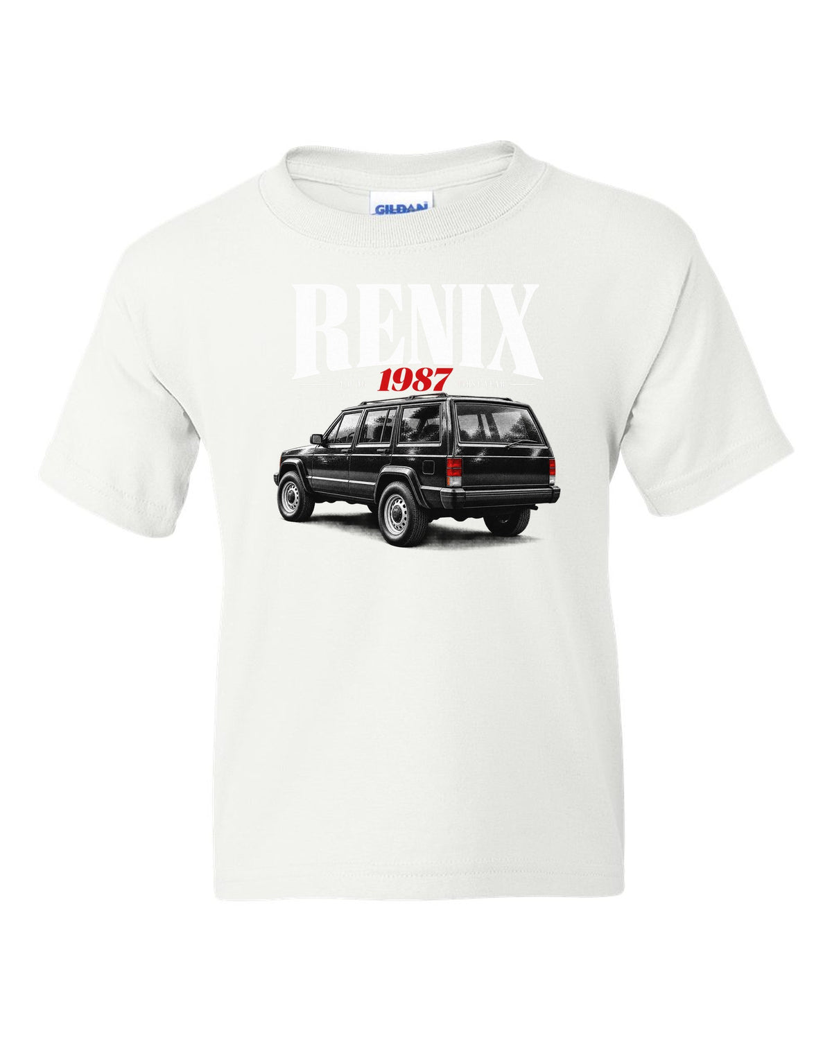 Jeep Cherokee XJ editorial headline print about the 1987 Renix 4.0 I6 white kids tee front view with the design