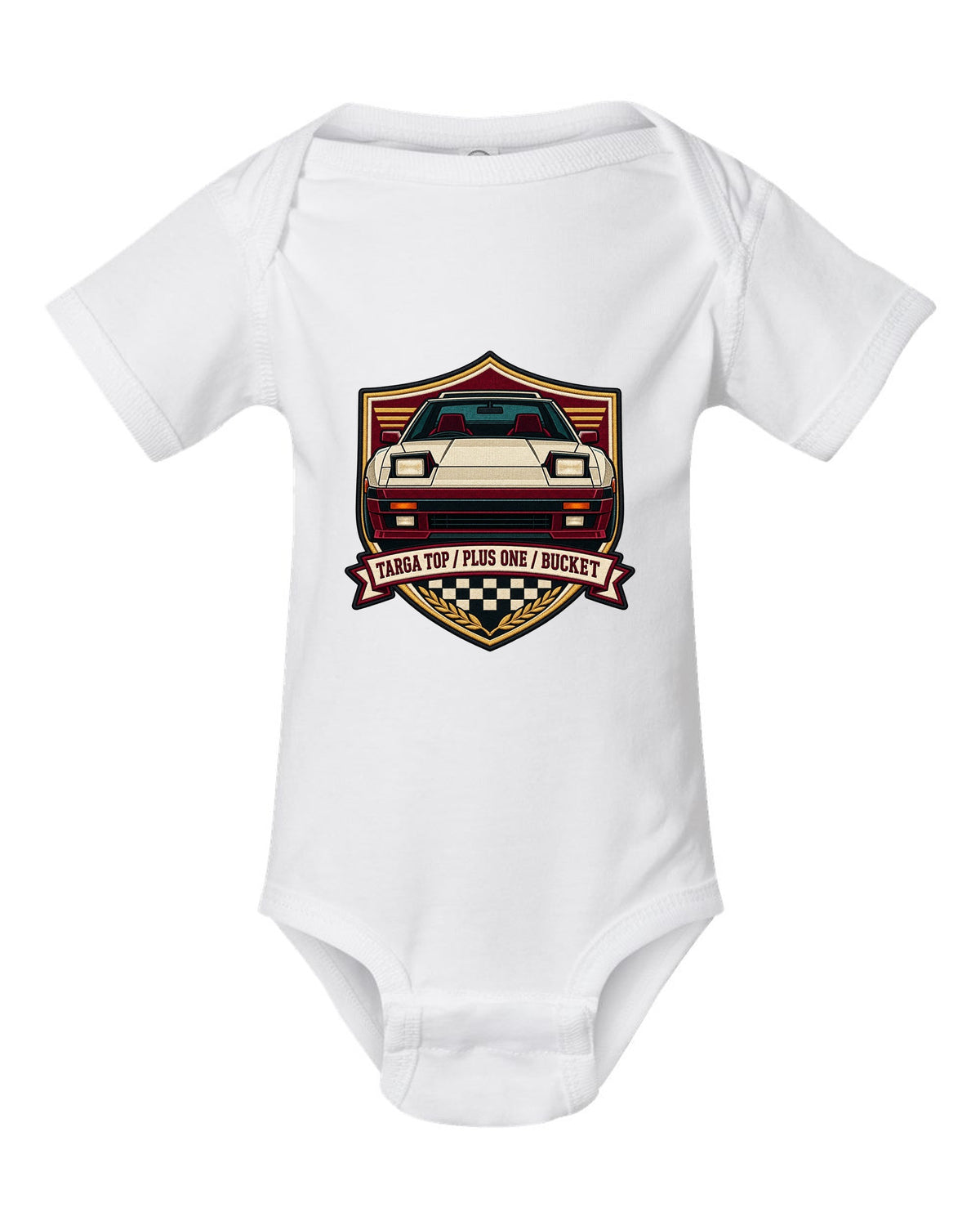 Shield crest design for the Toyota Supra A70 MA70 with pop-up headlights white baby onesie front view with the design