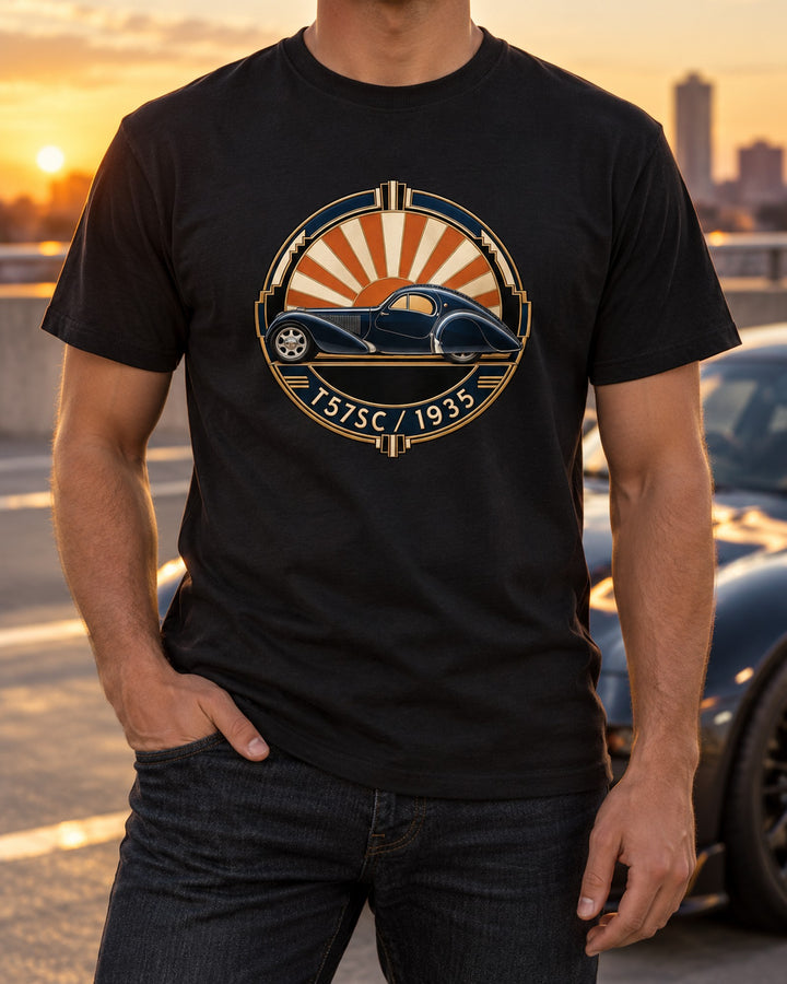 Bugatti Type 57SC Atlantic 1935 Art Deco Crest Car Shirt T-Shirt Black worn hero