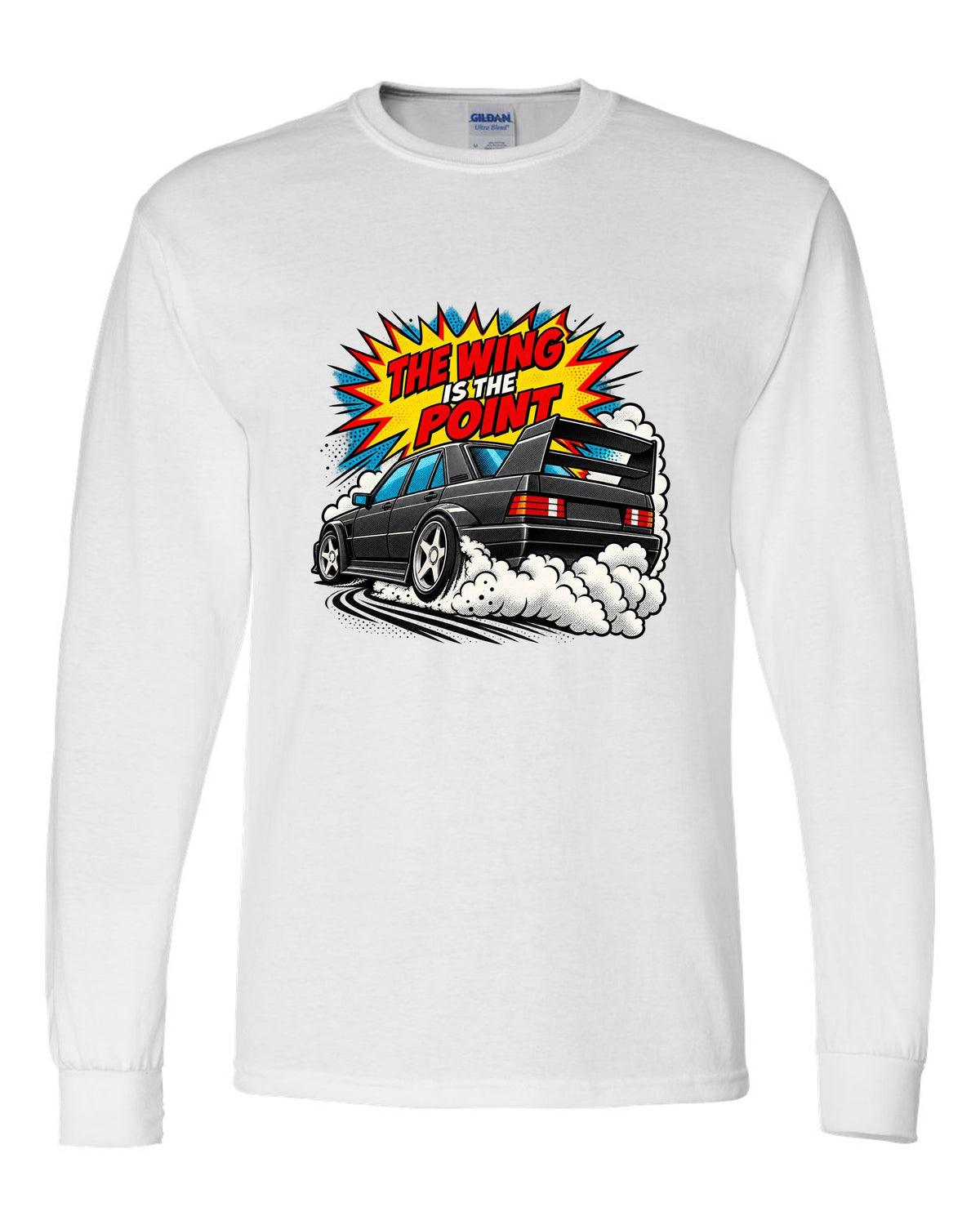 Comic halftone pop-art print of a Mercedes 190E Evo II W201 with rear wing white long sleeve front view with the design