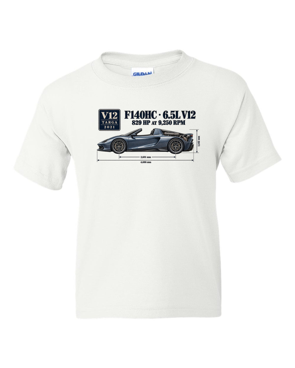 Ferrari Daytona SP3 dimension blueprint print with F140HC 6.5L V12 white kids tee front view with the design