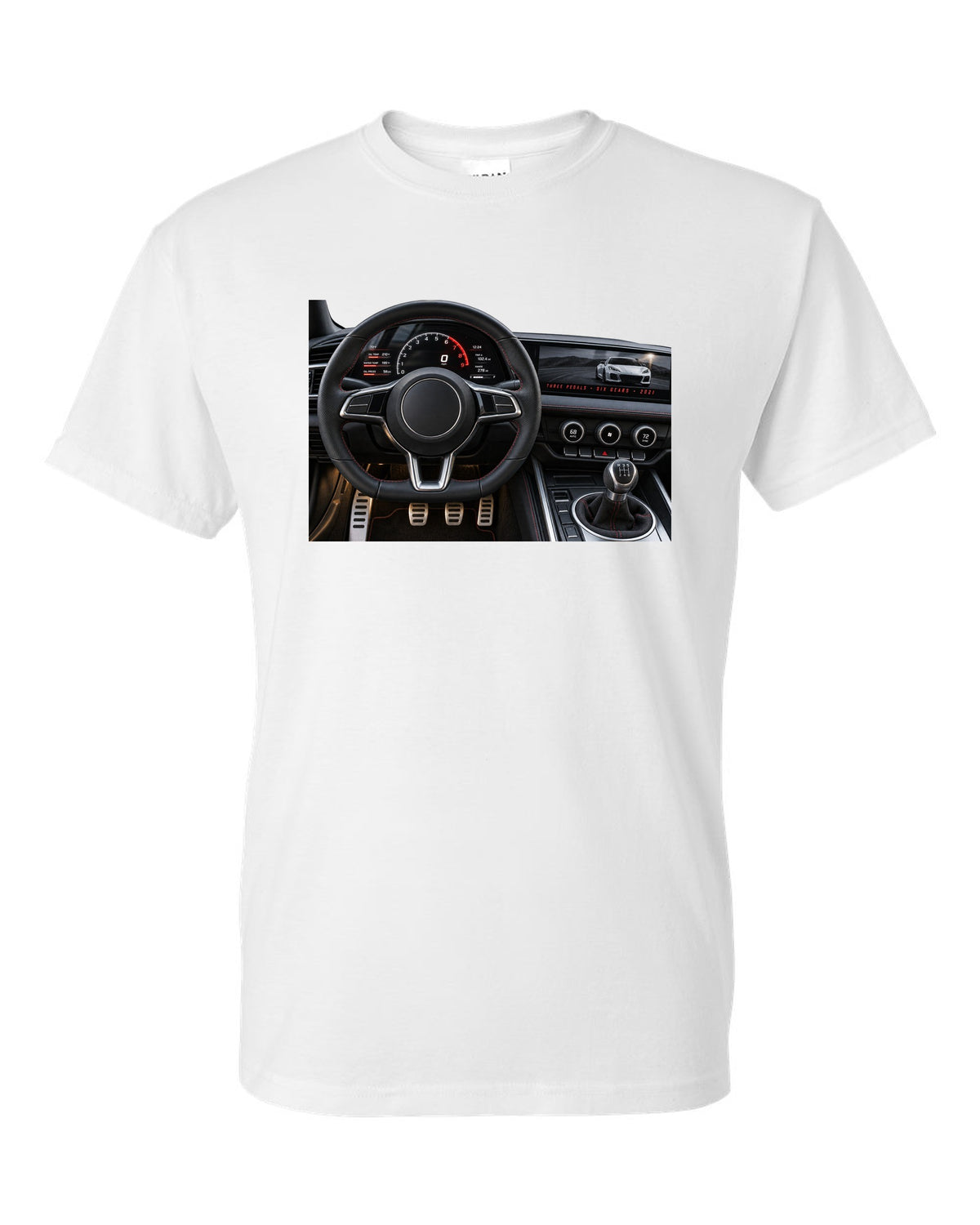 BMW G80 M3 cockpit gauge print with three pedals six gears lettering white t-shirt front view with the design
