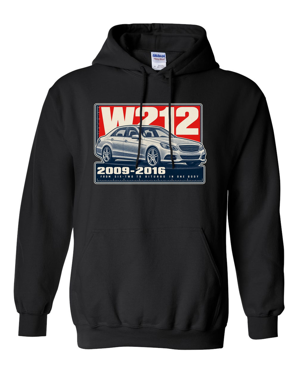 Halftone print of a Mercedes-AMG E63 W212 sedan black pull over hoodie front view with the design