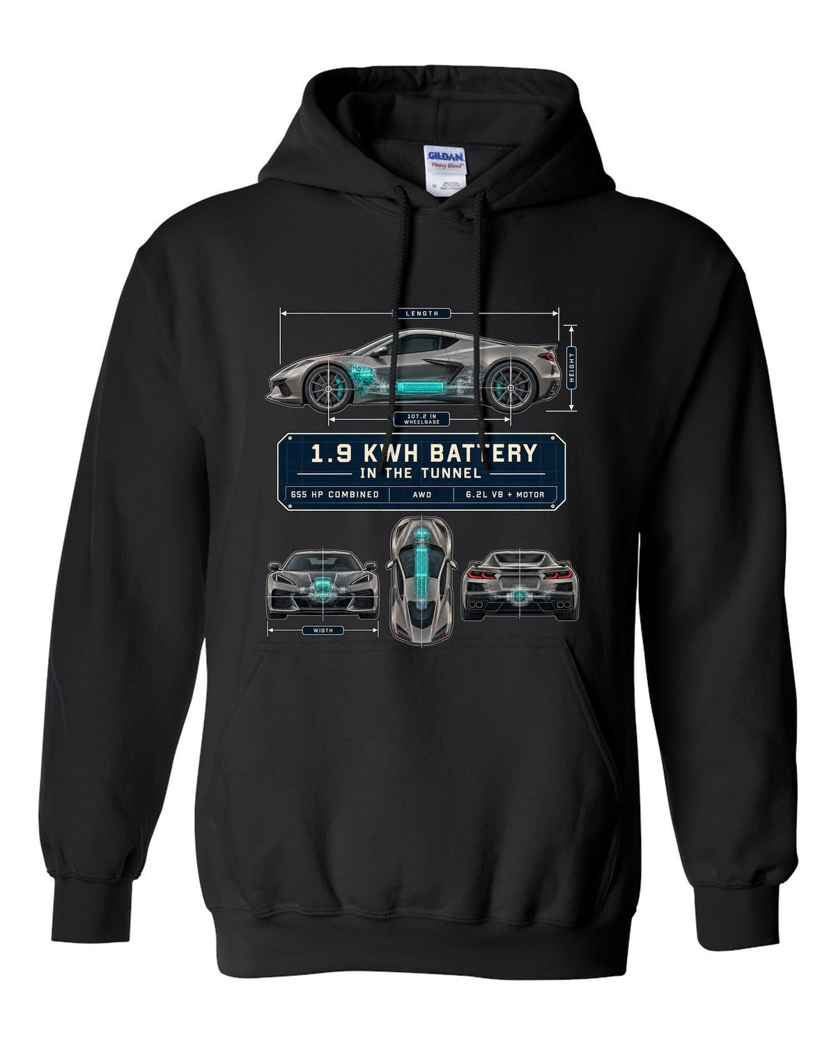 Dimension blueprint print of a Chevrolet Corvette C8 E-Ray with 1.9 kWh battery in the tunnel black pull over hoodie front view with the design