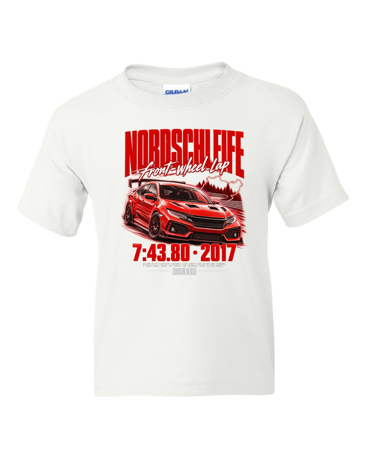 Honda Civic FK8 chback street poster with Nordschleife front-wheel lap time 7:43.80 white kids tee front view with the design