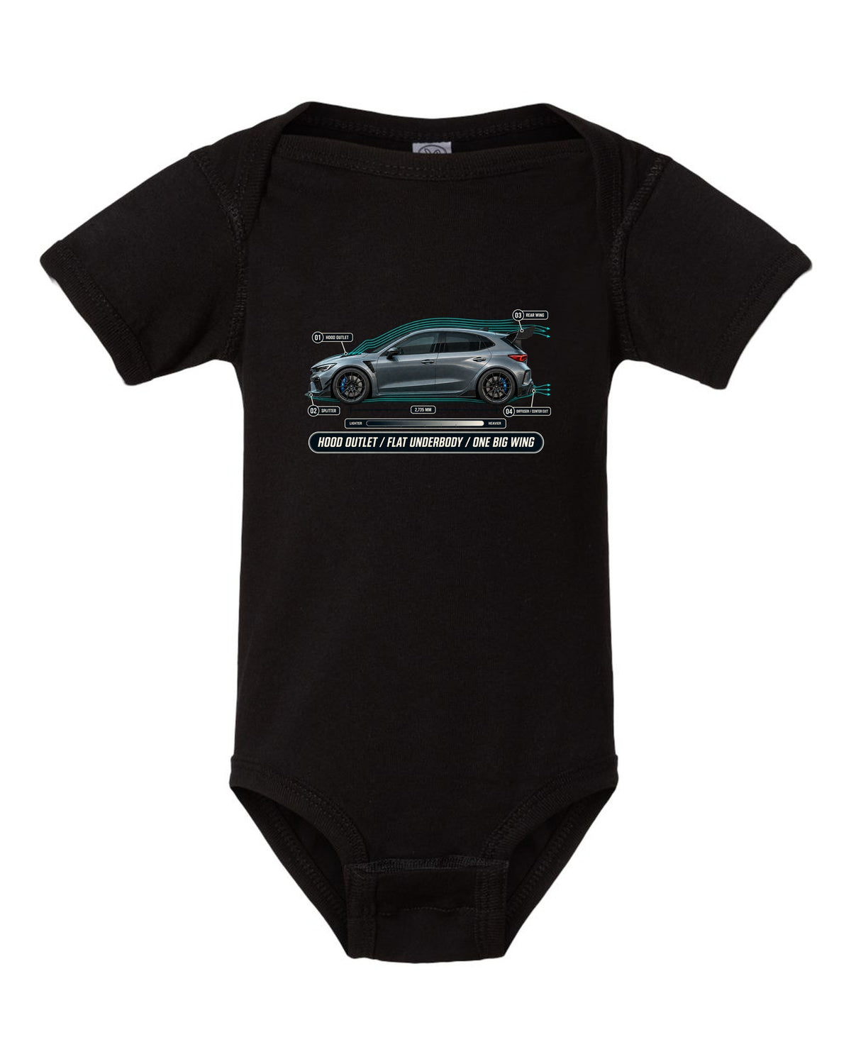 Honda Civic Type R FL5 Airflow Callouts black baby onesie front view with the design