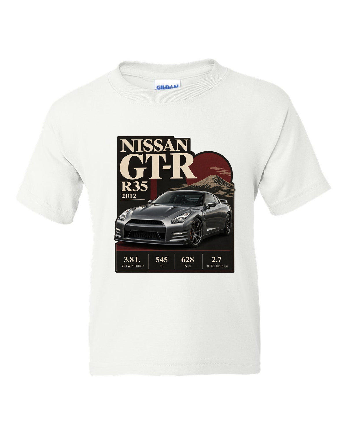 Nissan GT-R R35 2013 Track Edition in dossier panel layout white kids tee front view with the design