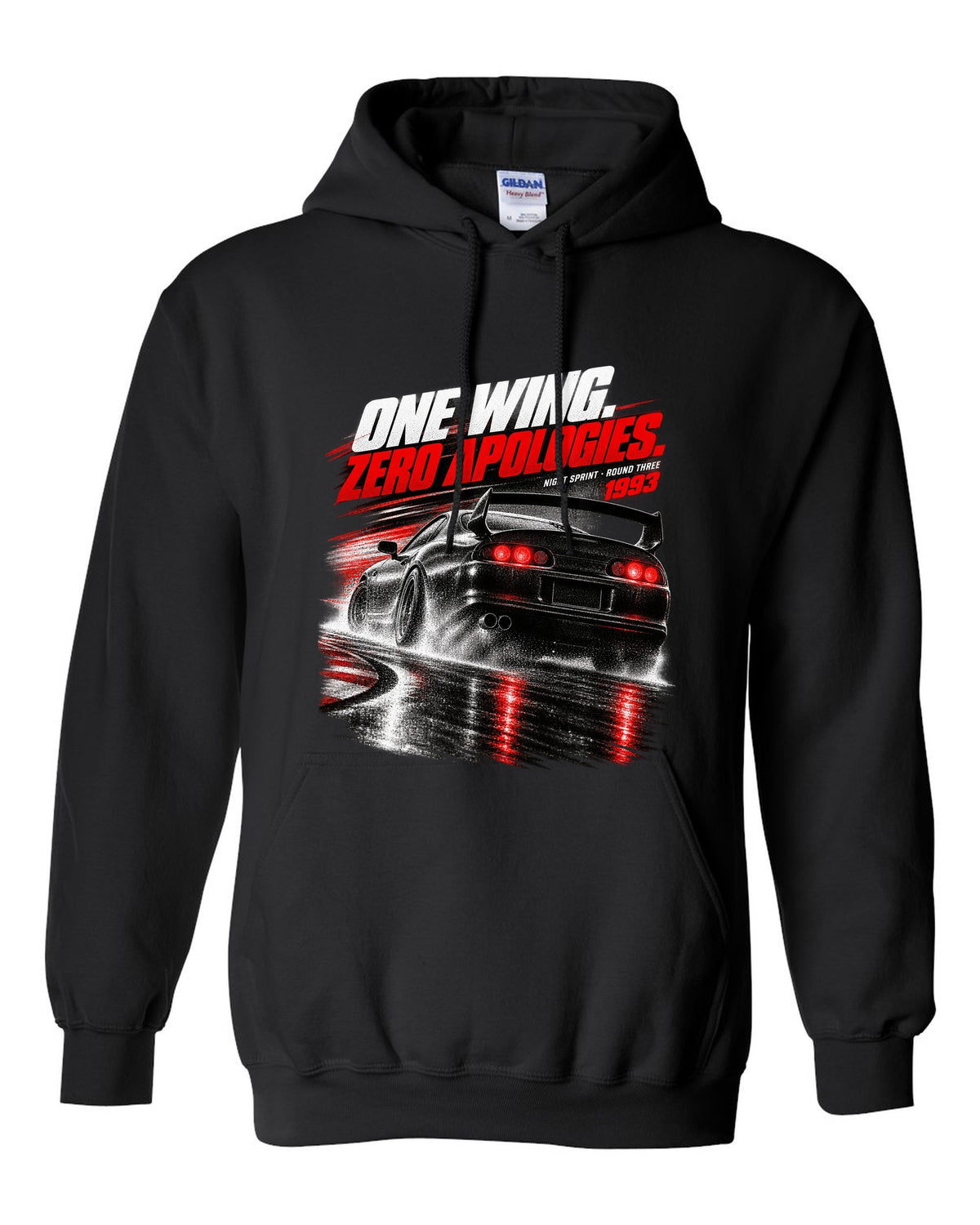 Race poster print of a Toyota Supra A80 JZA80 rear with the text One Wing Zero Apologies Round Three black pull over hoodie front view with the design