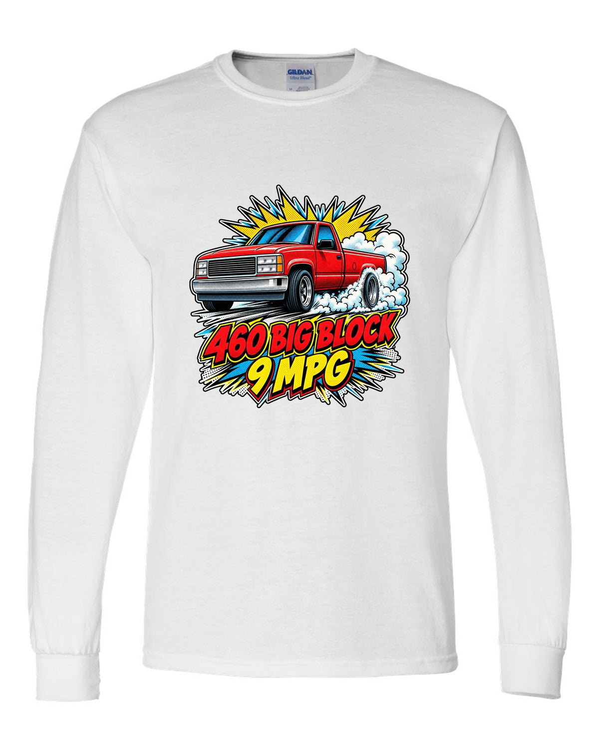 Comic halftone pop-art print of a 1992-97 Ford F-150 OBS burnout with 460 big block text white long sleeve front view with the design