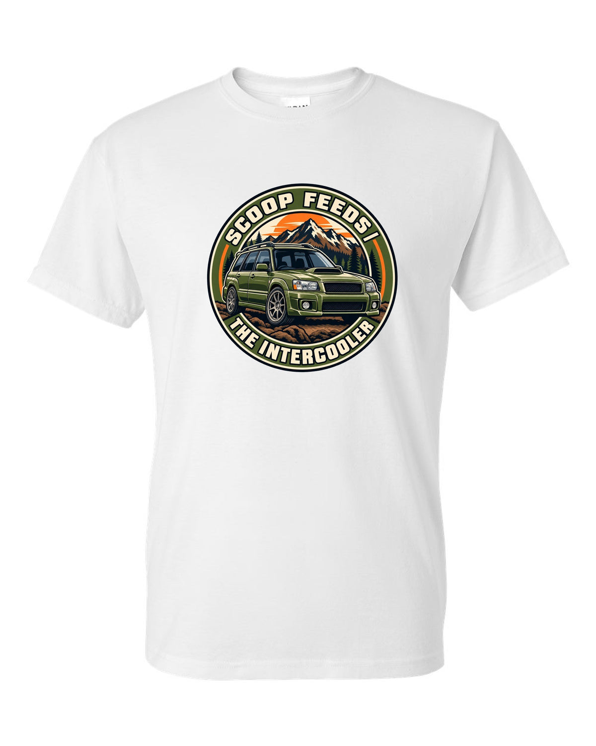 Round embroidered-style crest for a Subaru Forester SG9 about the hood scoop feeding the intercooler white t-shirt front view with the design