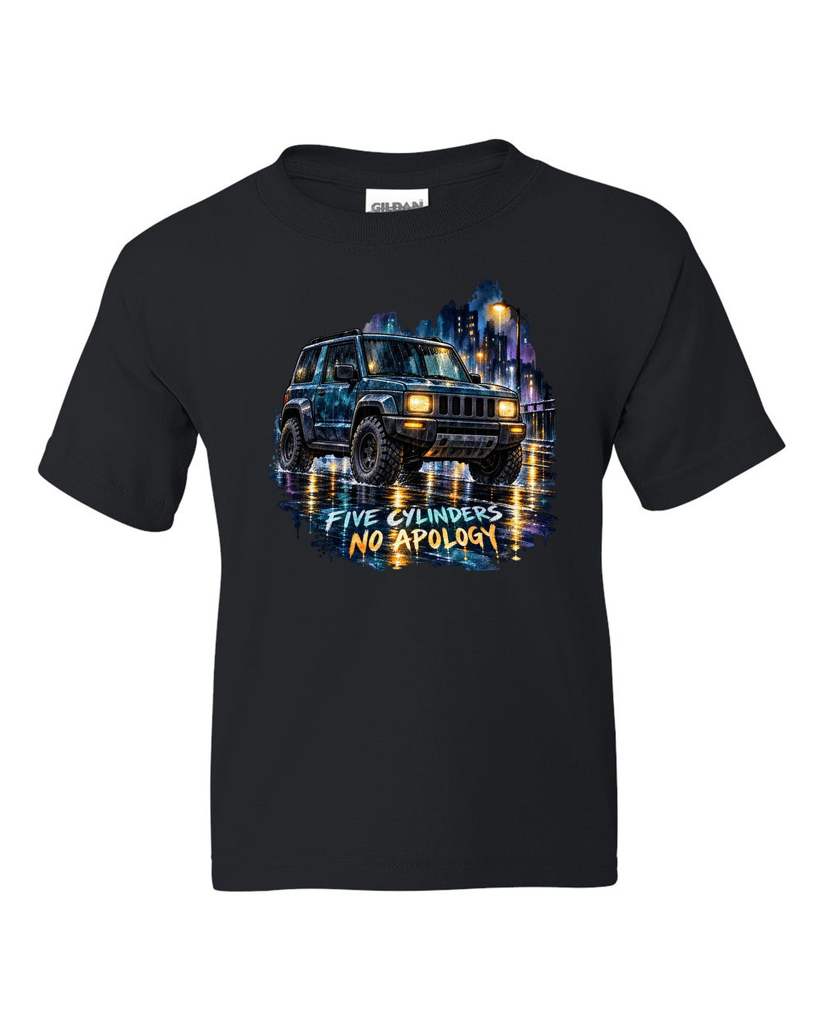Watercolour wash wet street scene with a 2006-2010 Hummer H3 and FIVE CYLINDERS / NO APOLOGY text black kids tee front view with the design