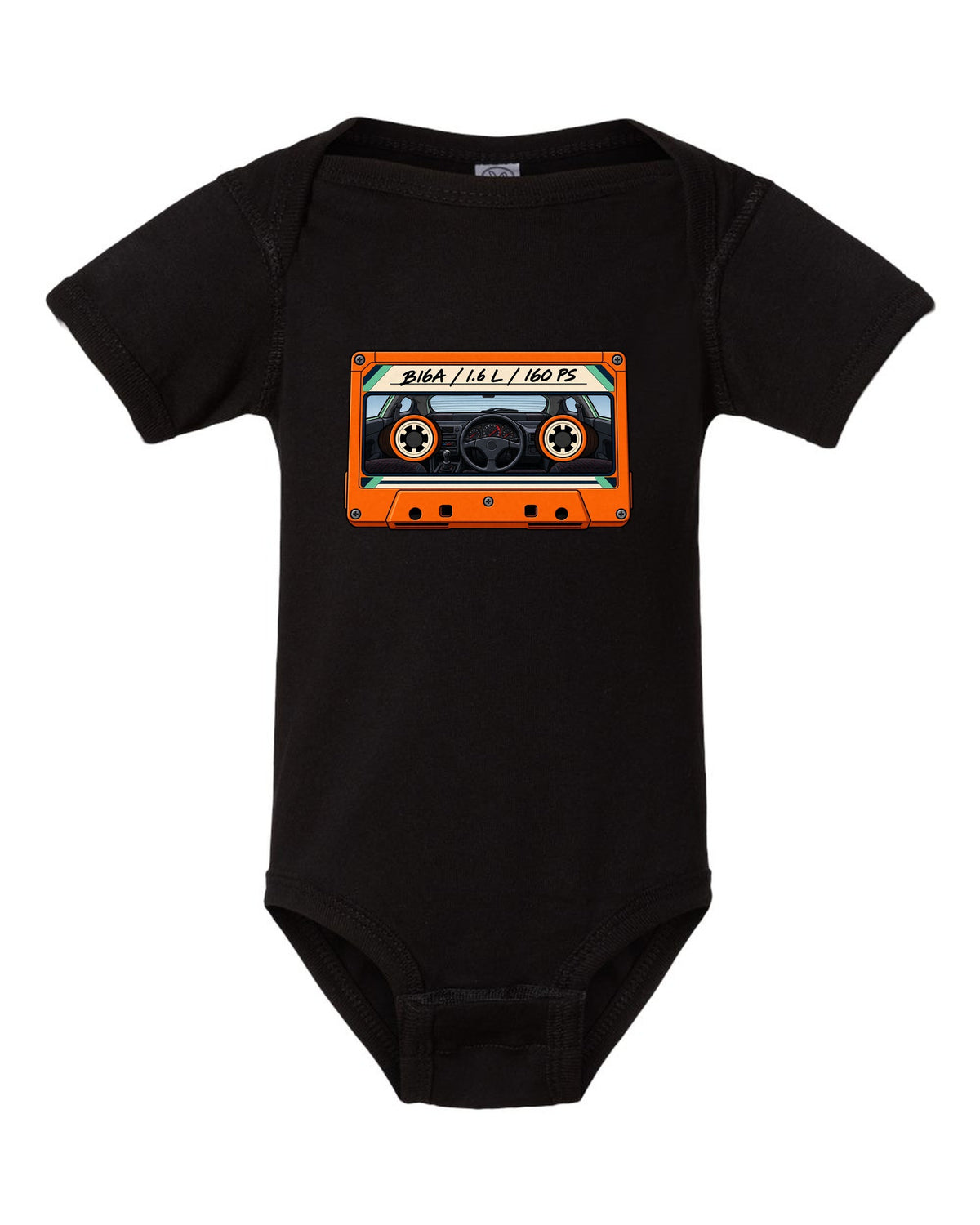 Lo-fi cassette label style print for a Honda Civic EG6 SiR with B16A 1.6 L 160 PS text black baby onesie front view with the design