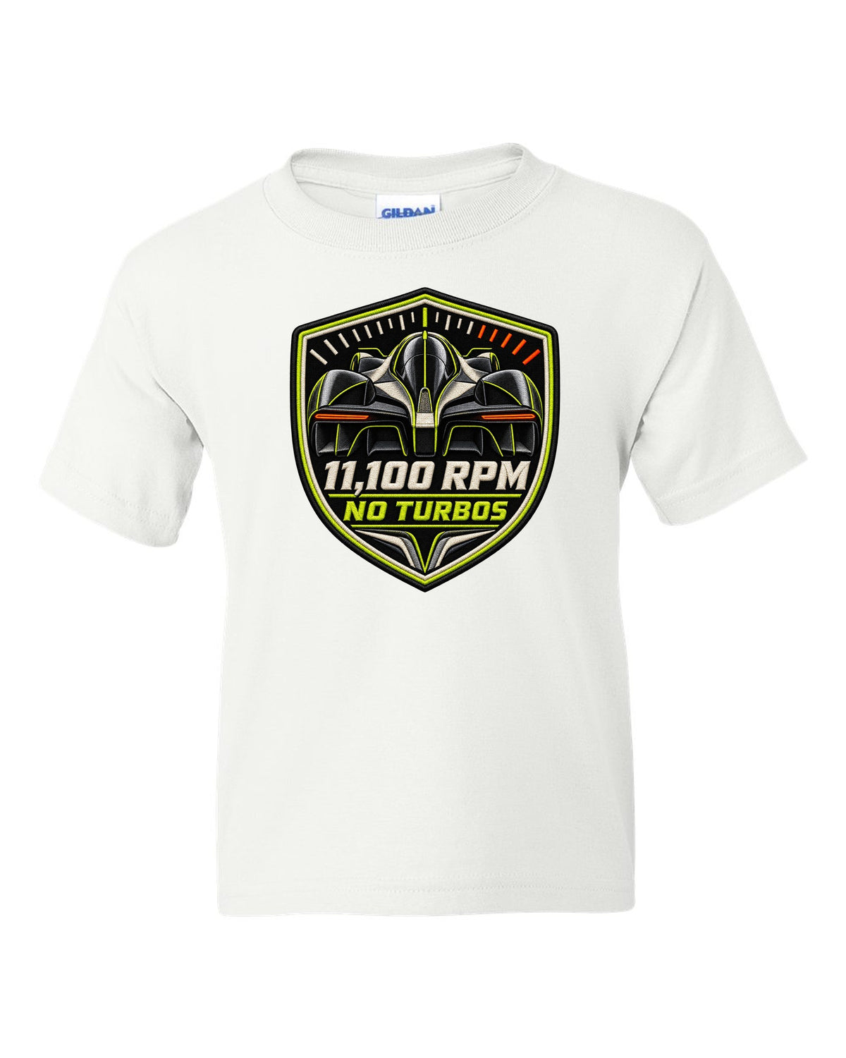 Embroidery-style varsity print for the Aston Martin Valkyrie with 11,100 rpm and no turbos lettering white kids tee front view with the design