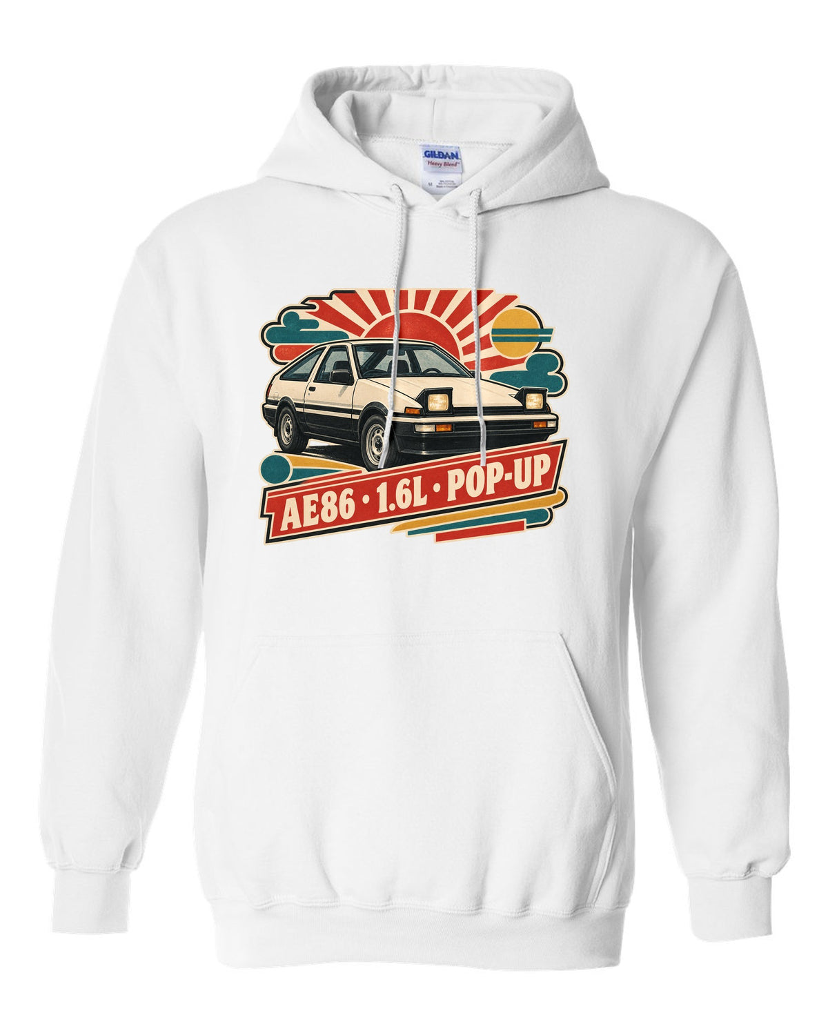 Retro Japanese Showa catalogue ad style print of a 1985 Toyota Sprinter Trueno AE86 with pop-up lettering white pull over hoodie front view with the design