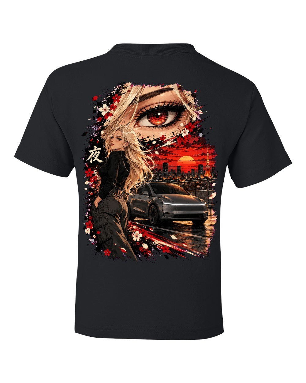 Tesla Model Y Juniper Anime Girl Kids Tee Black back