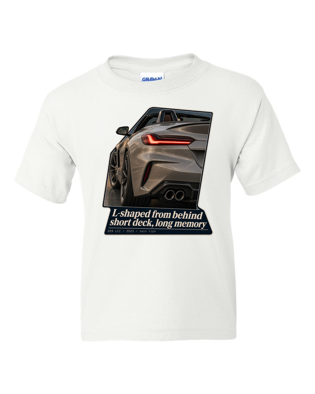 Macro print of the L-shaped taillight on a 2023 BMW Z4 G29 LCI white kids tee front view with the design