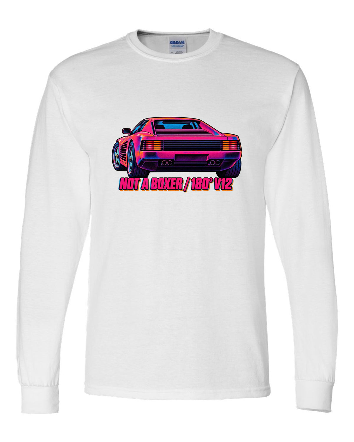 Neon-lit risograph print of the Ferrari Testarossa F110 with the text not a boxer, 180 degree V12 white long sleeve front view with the design