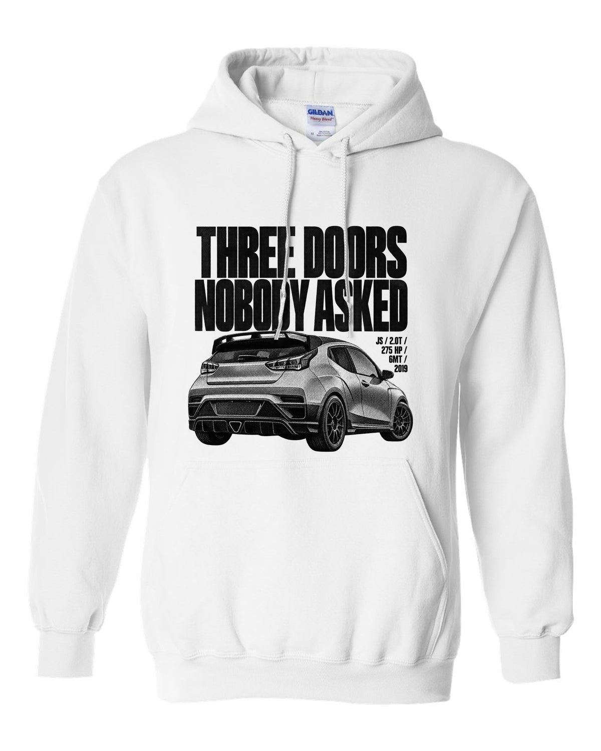 Hyundai Veloster N JS halftone print with three doors text white pull over hoodie front view with the design