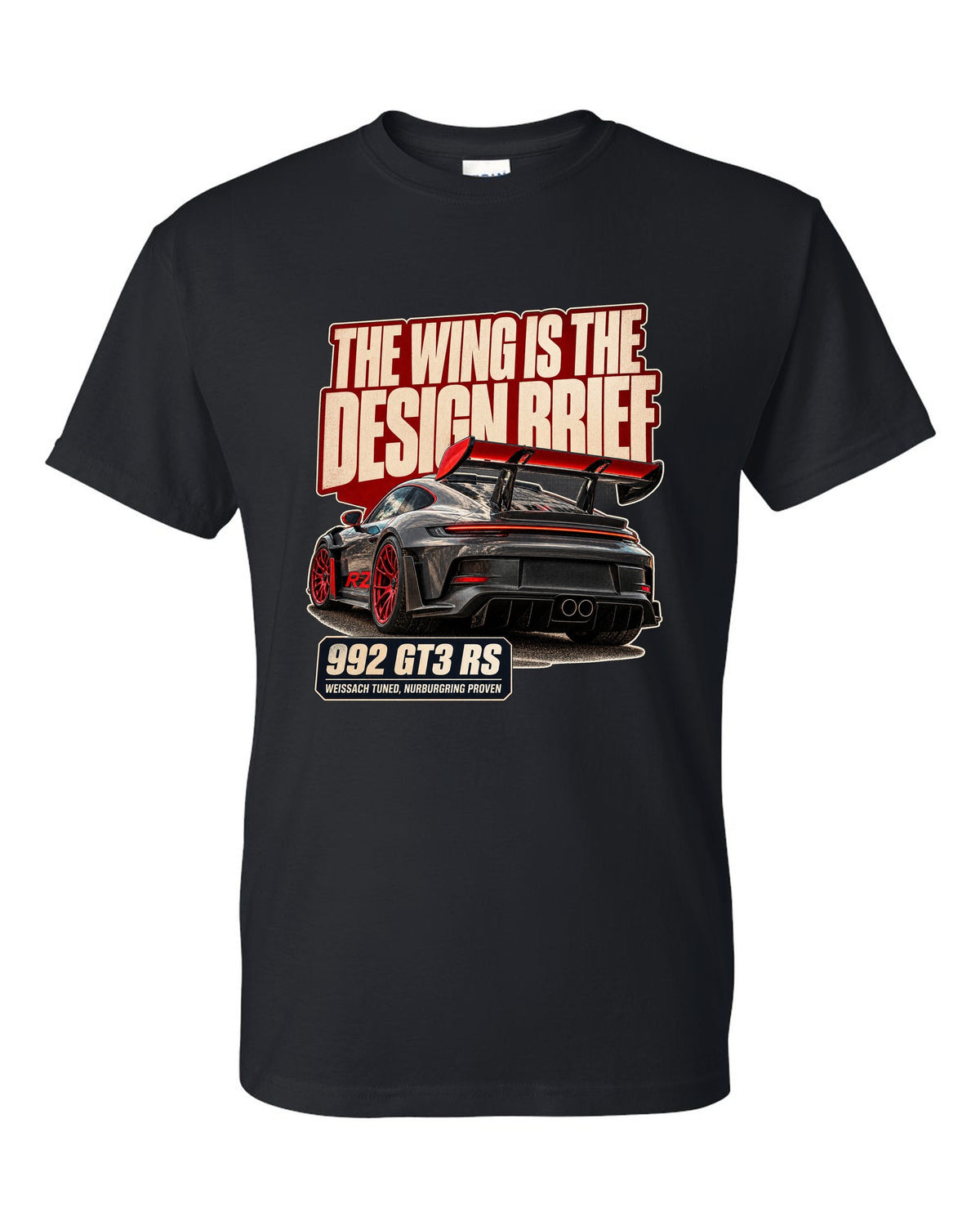 Porsche 992 GT3 RS editorial headline print design black t-shirt front view with the design