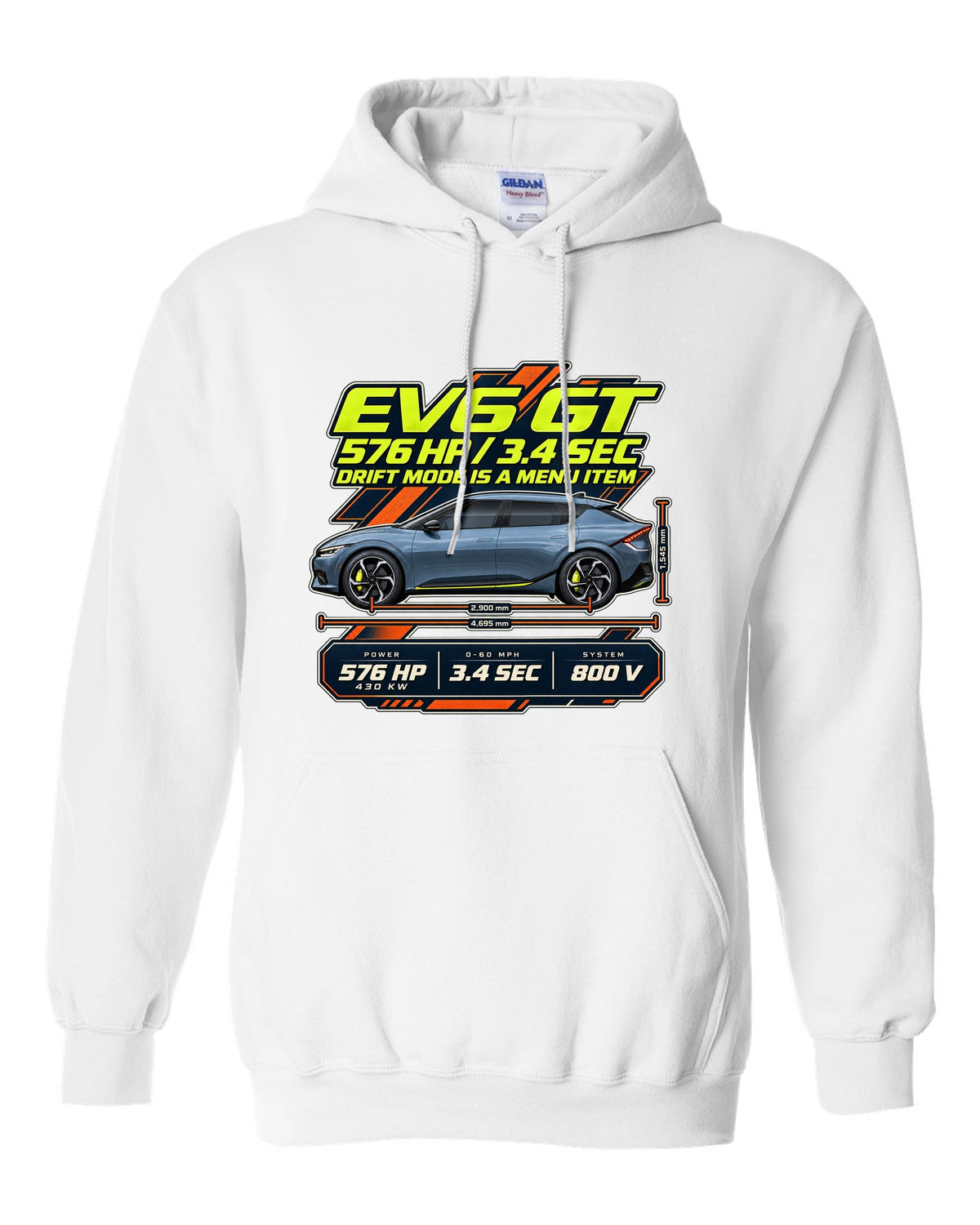 Kia EV6 GT spec poster print on a shirt white pull over hoodie front view with the design