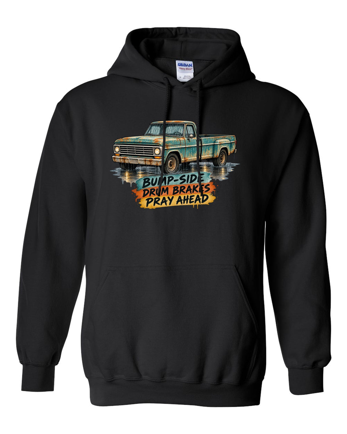1967-72 Ford F-Series Bump-Side Barn Find Watercolour black pull over hoodie front view with the design