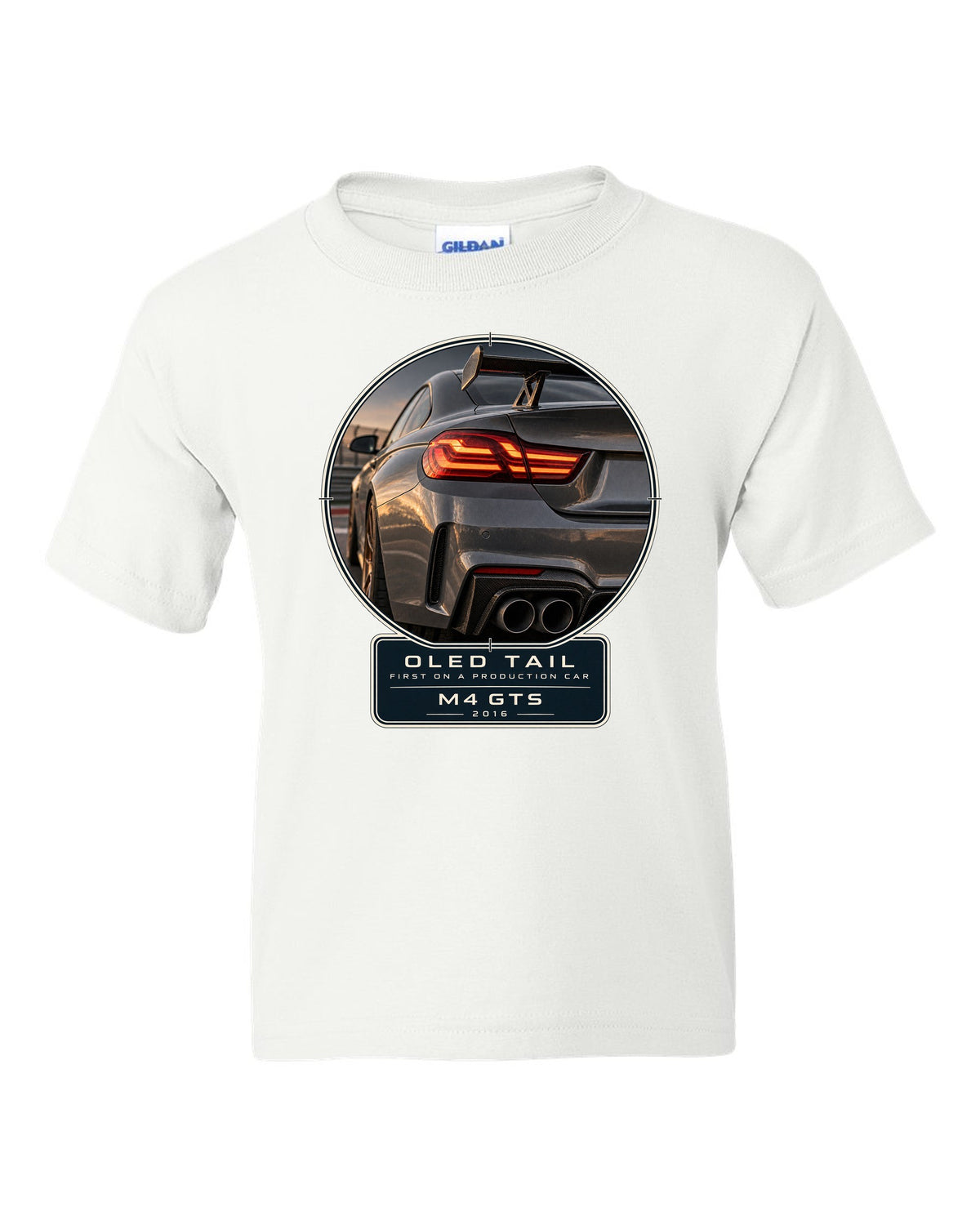 BMW M4 GTS OLED taillight macro print design white kids tee front view with the design