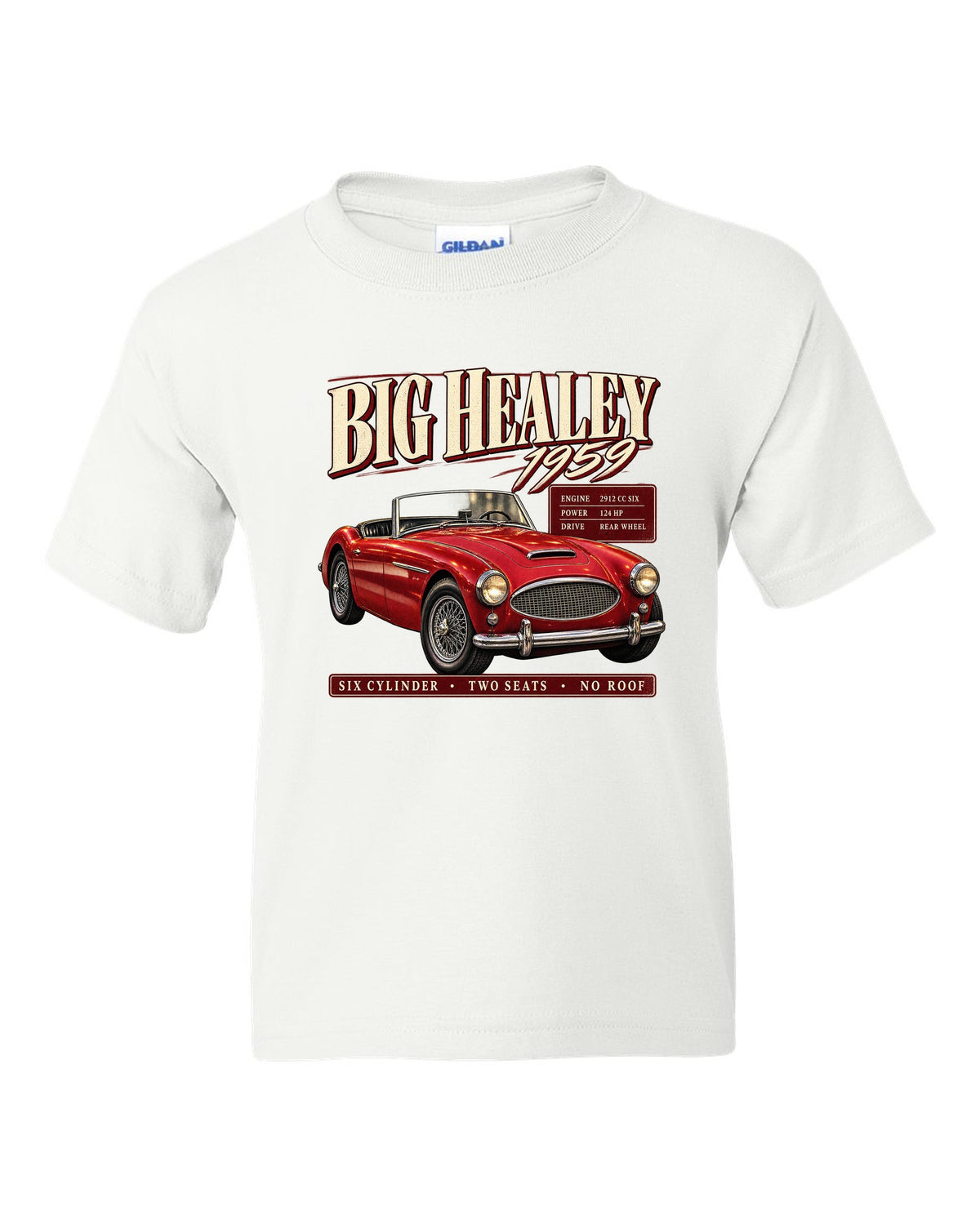 print of a red 1959 Austin-Healey 3000 Mk I BN7 in three-quarter front view with spec panel white kids tee front view with the design