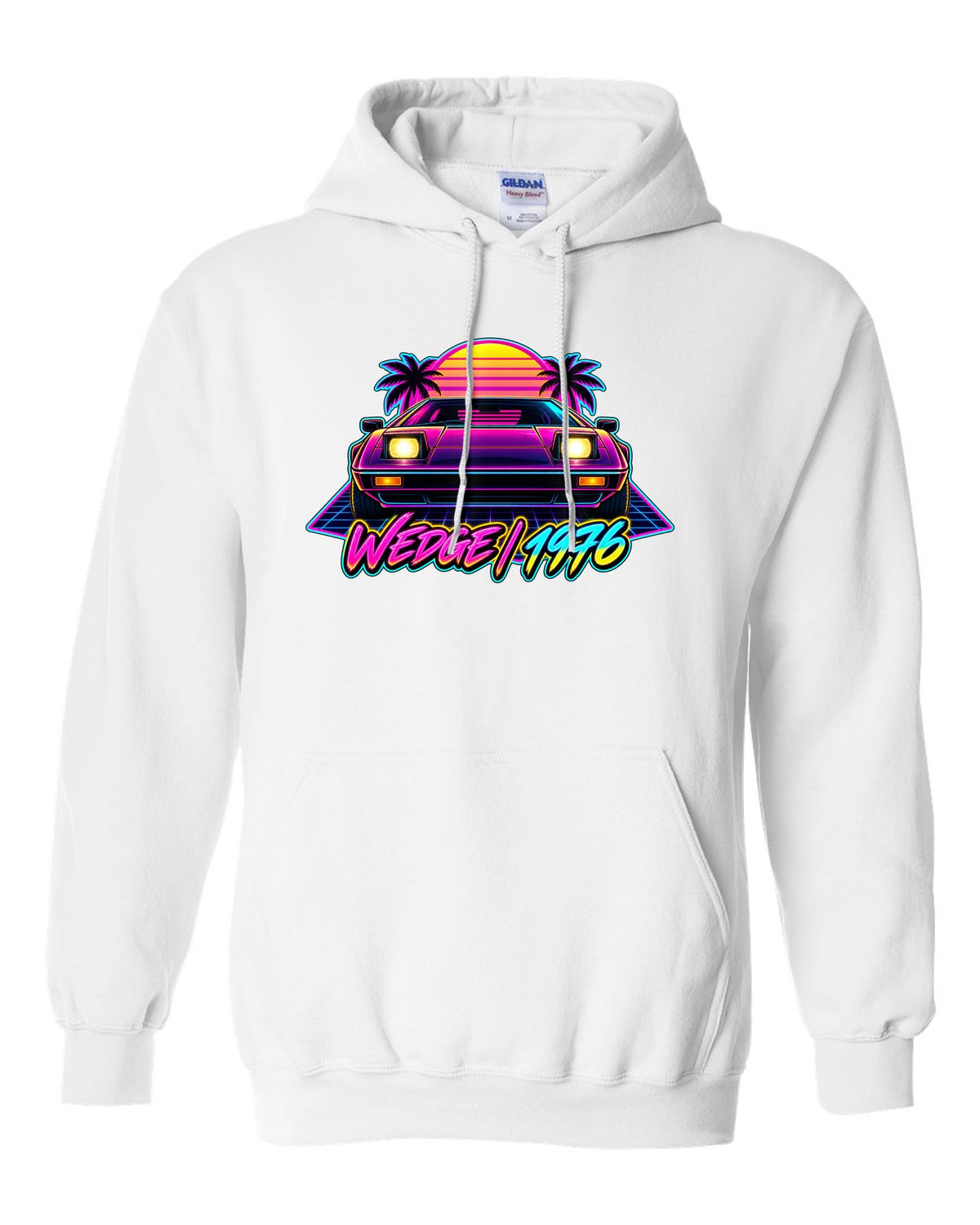 Lotus Esprit 1976 wedge in synthwave neon with WEDGE 1976 lettering white pull over hoodie front view with the design