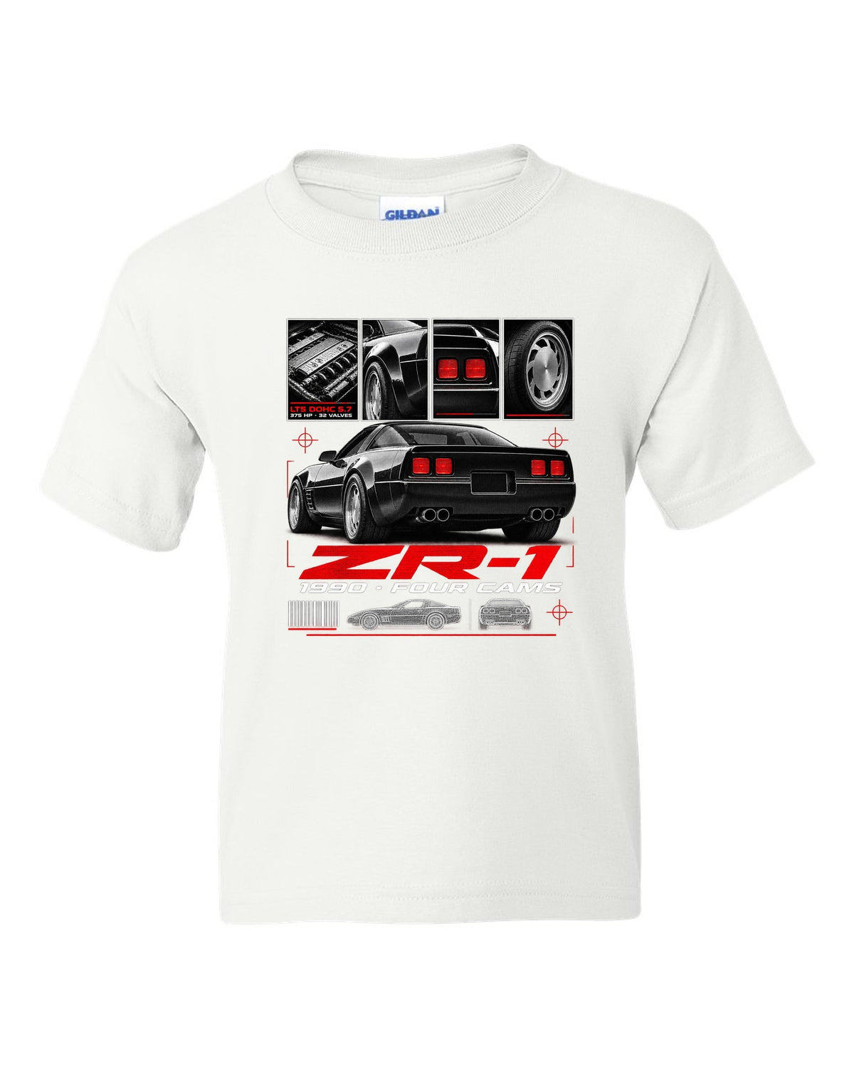 Chevrolet Corvette C4 ZR-1 1990 LT5 dossier print wide rear white kids tee front view with the design
