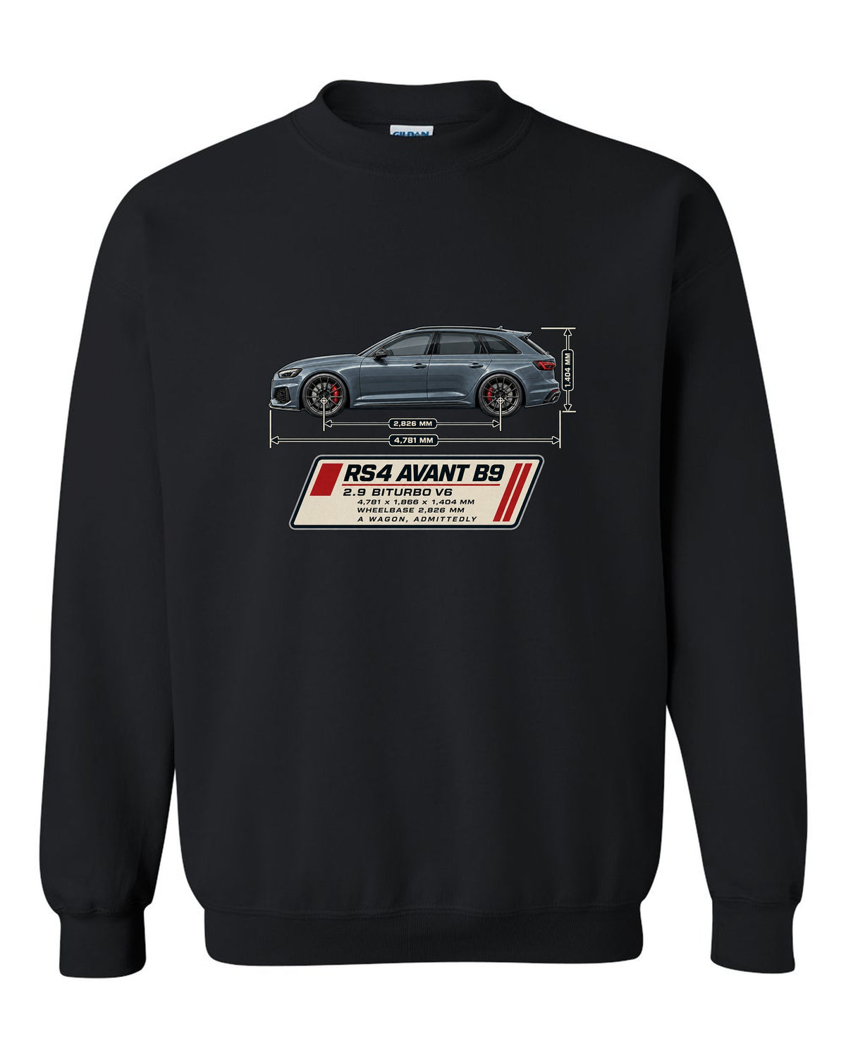 Audi RS4 Avant B9 dimension blueprint print with measurements black crewneck front view with the design