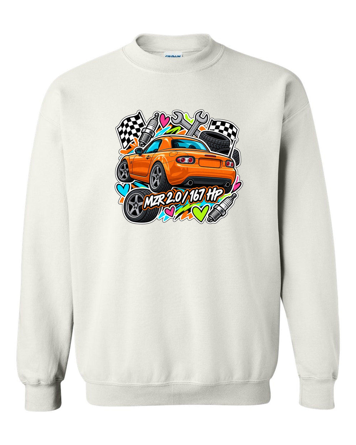 Mazda MX-5 NA6CE Cyanotype Blueprint white crewneck front view with the design