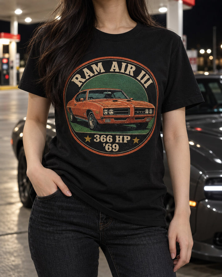 1969 Pontiac GTO Ram Air III Varsity Crest Shirt, 366 HP T-Shirt Black worn hero