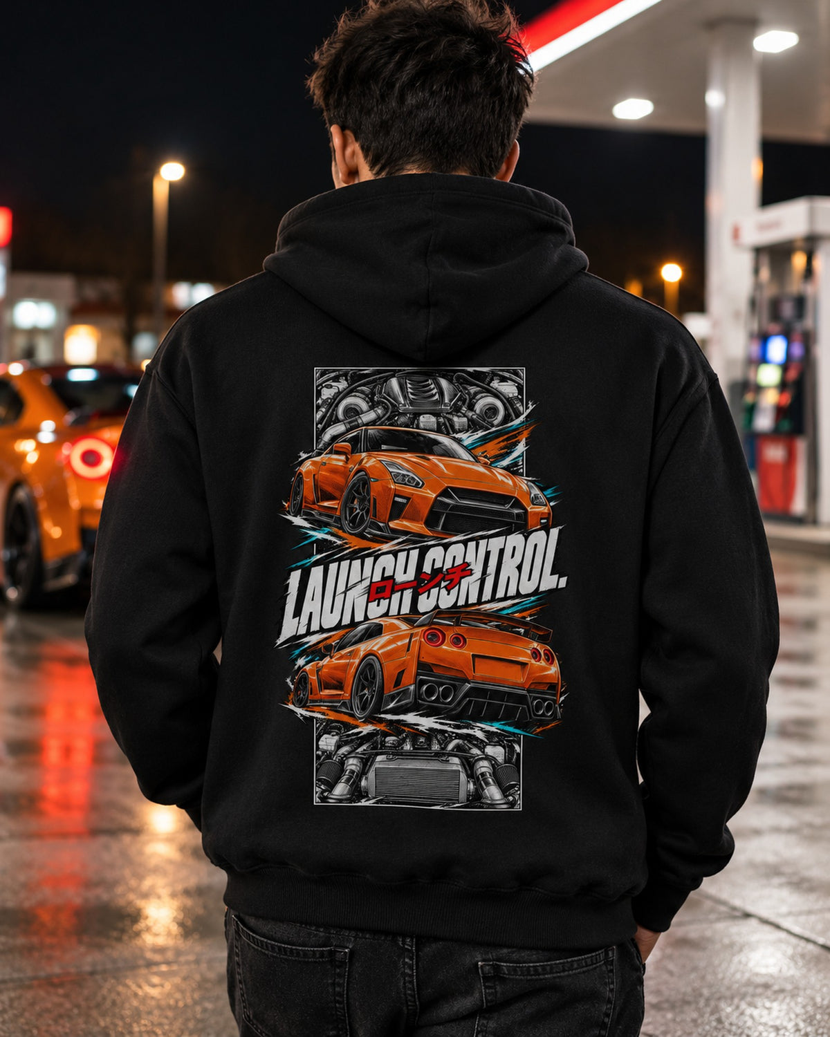Nissan GT-R R35 Torn Poster Full-Back Graphic Tee Pull Over Hoodie Black worn hero