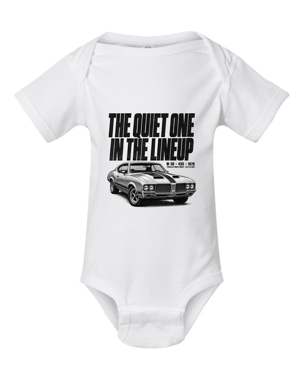 1970 Oldsmobile 442 W-30 halftone print with 455 and cold-air hood text white baby onesie front view with the design