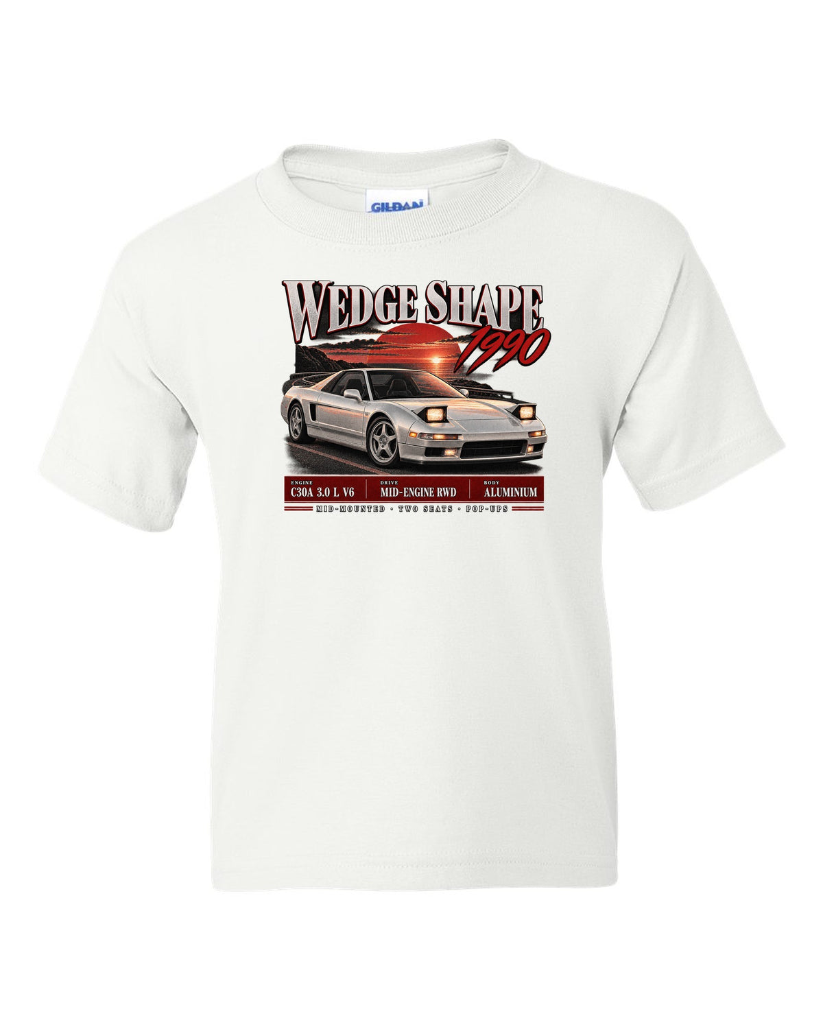 Honda NSX NA1 archive panel design with wedge shape 1990 text white kids tee front view with the design
