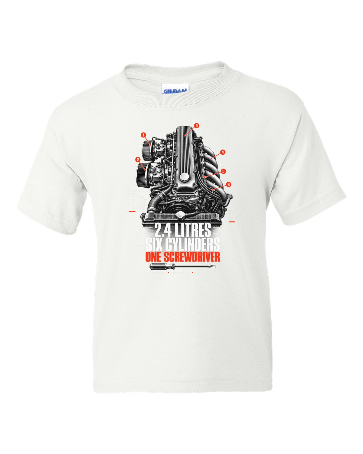 print of a Datsun 240Z L24 engine bay with six cylinders and screwdriver lettering white kids tee front view with the design