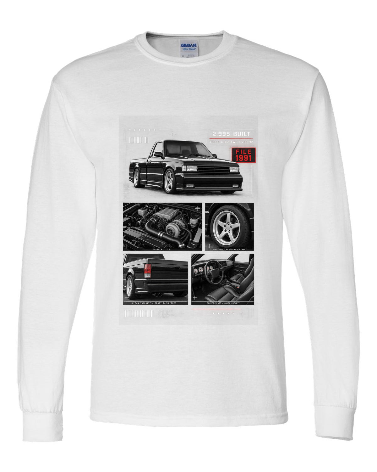Dossier-style print of a 1991 GMC Syclone with detail panels white long sleeve front view with the design